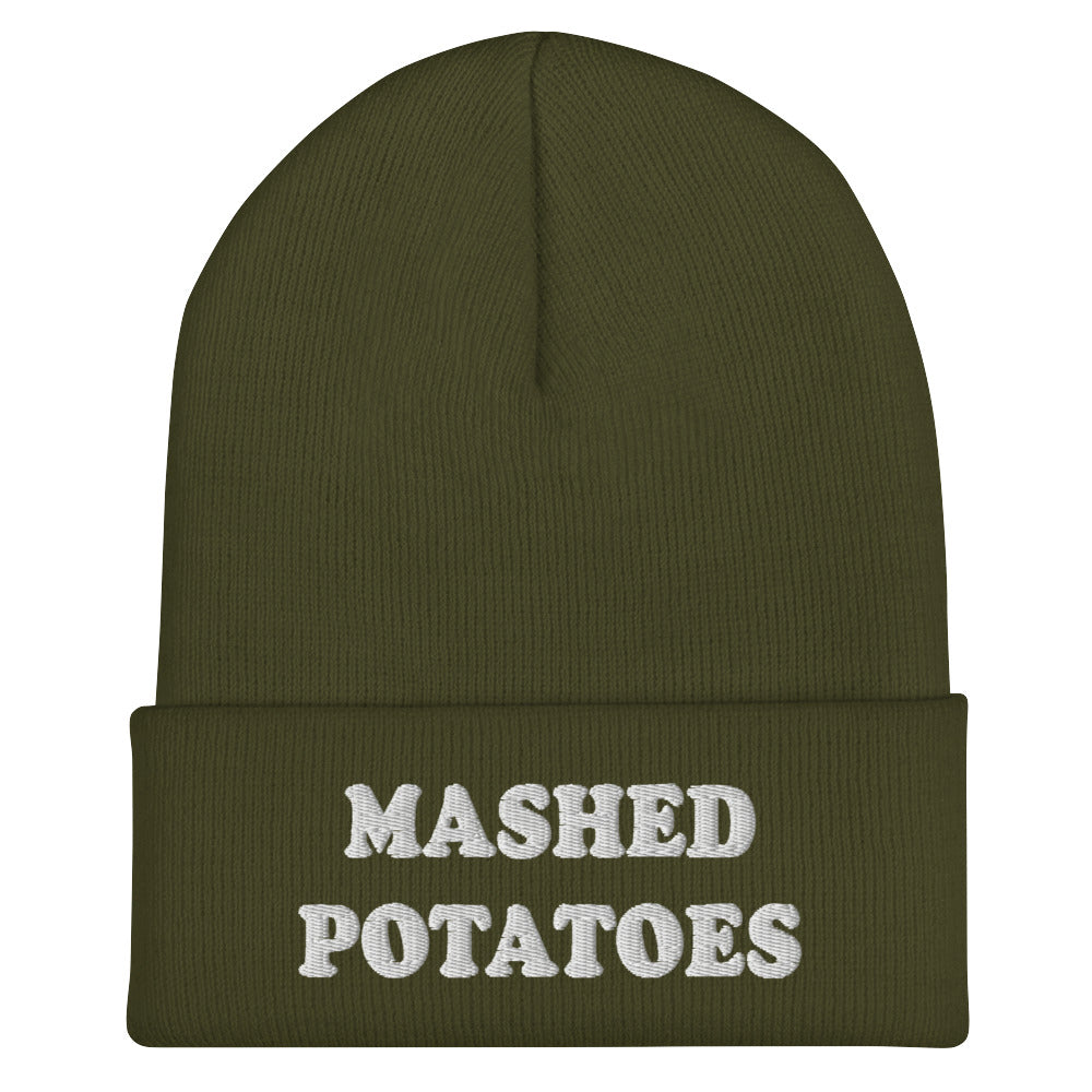 Army Green  Mashed Potato Beanie from Nina's Funky Shop by ninanush - Do you love mashed potatoes? Are you looking for a funny gift for a foodie friend? Our Mashed Potatoes Beanie is warm, cozy and the perfect funky hat for potato enthusiasts of all kinds. Show off in this funny foodie beanie. It comes in a variety of colors, each expertly embroidered with the words "Mashed Potatoes".