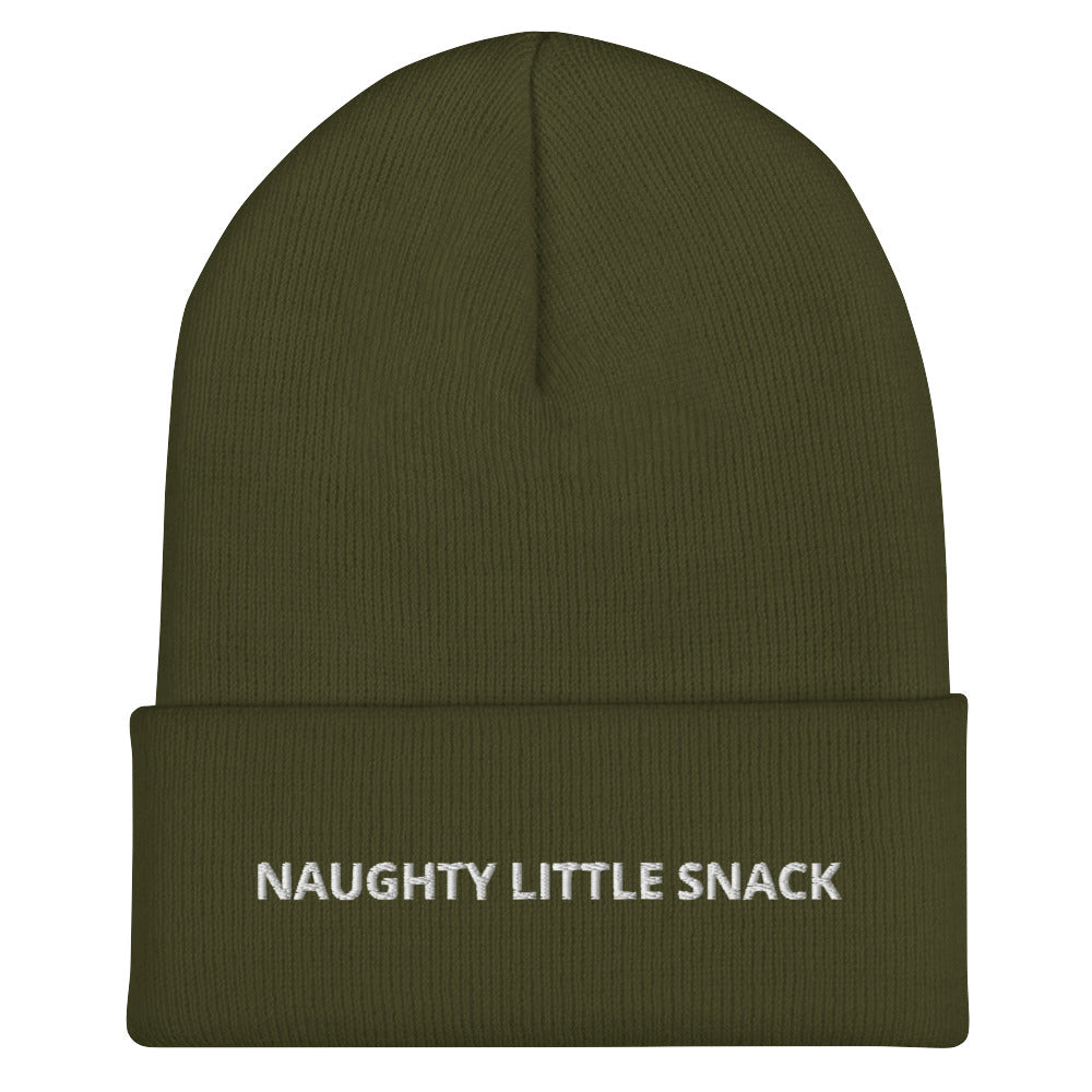 Army Green Naughty Little Snack Beanie from Nina's Funky Shop by ninanush - Love naughty little snacks? Looking for a funny gift? Our Naughty Little Snack Beanie is warm, cozy and just what you need. It comes in a variety of colors, each expertly embroidered with the words "Naughty Little Snack". A funny foodie hat, designed by Nina and made just for you! Celebrate your favorite foods in our funky foodie apparel.