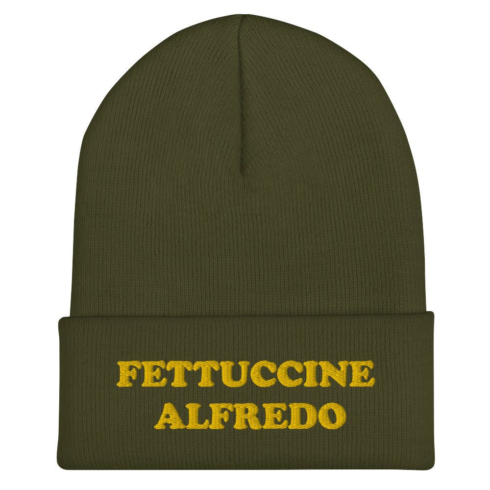 Army Green Beanie Hat with Fettuccine Alfredo Embroidered in Yellow - Do you love Fettuccine Alfredo? Are you looking for a funny gift for a foodie friend? Our Fettuccine Alfredo Beanie is the perfect funky hat for fettuccine enthusiasts. Celebrate patsa in this funny beanie for foodies. It comes in a variety of colors, each hat with Fettuccine Alfredo embroidered in yellow.