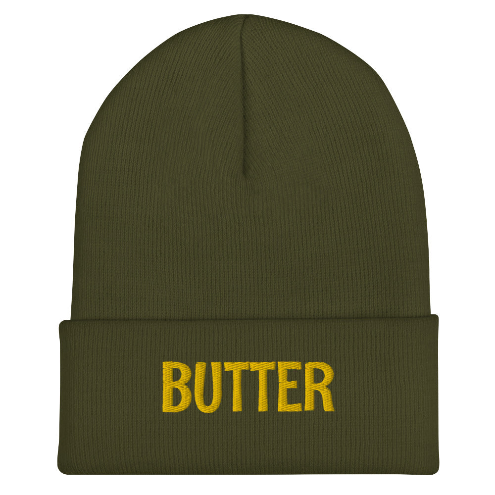 Olive Butter Beanie from Nina's Funky Shop - Do you love butter? Looking for a funny gift? Our Butter Beanie is warm, cozy and the perfect funny winter hat for foodies of all kinds. It comes in a variety of colors with "butter", expertly embroidered across the front. A statement hat for butter lovers, designed by Nina and made just for you!