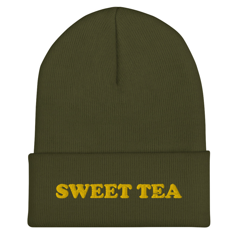 Olive Green Beanie with Sweet Tea Embroidered on the front - Love sweet tea? Looking for a funny gift for sweet tea enthusiast? Our sweet tea hat is warm, cozy and the perfect embroidered beanie for everyday style. It comes in a variety of colors with "sweet tea", expertly embroidered across the front. Celebrate your favorite foods in our funky foodie apparel. Designed by Nina and made just for you!