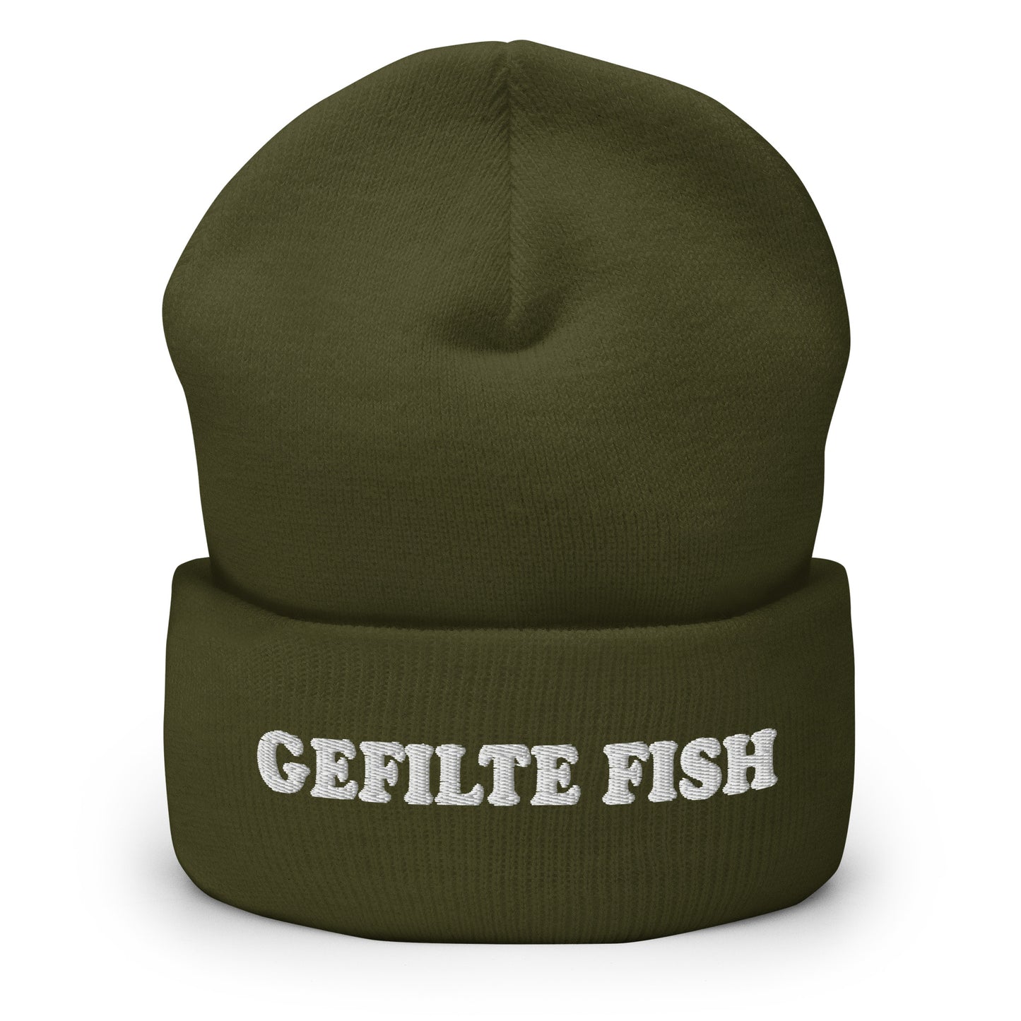 Olive Gefilte Fish Hat - Our Gefilte Fish Beanie is warm, cozy and embroidered just for you! It's a weird beanie for gefilte fish enthusiasts that comes in a variety of colors. A perfect Jewish foodie hat for everyday wear or a funny gift for an Ashkenazi.