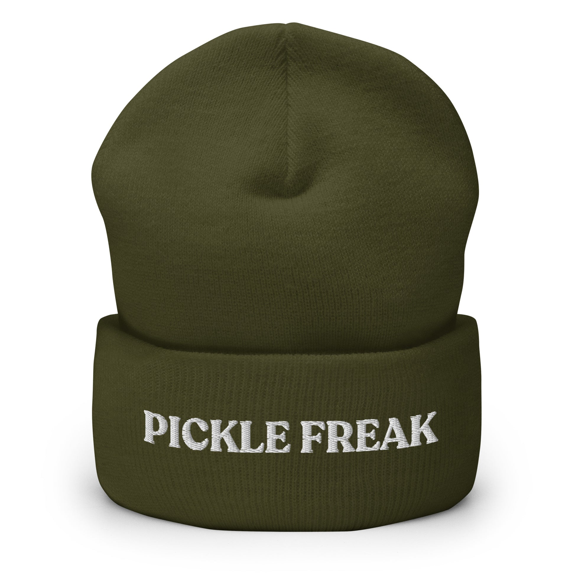 Olive Green Pickle Freak Hat - Our Pickle Freak Beanie is warm, cozy and embroidered just for you! It's a funny beanie for pickle enthusiasts that comes in a variety of colors. A perfect warm hat for pickle lovers or a funny gift for a foodie.