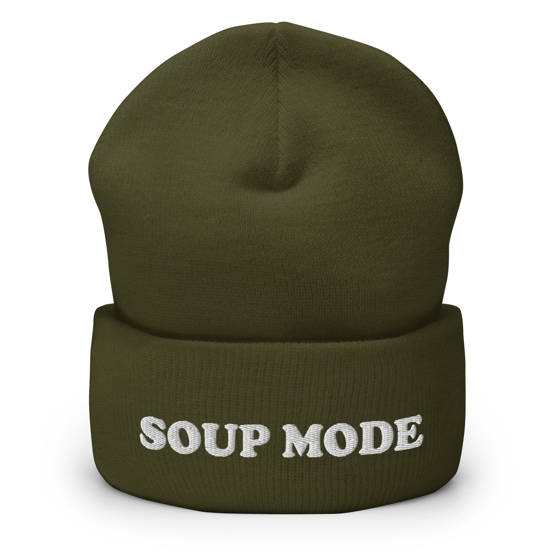 Army Green Soup Mode Hat - It's always soup season in our Soup Mode Beanie! It's warm, cozy and embroidered just for you. A funny winter hat for soup lovers and foodies of all kinds. Eat your favorite soup in style or give it as a gift for a soup enthusiast! Looking for something personalized? A different embroidery color? Shoot us an email! 