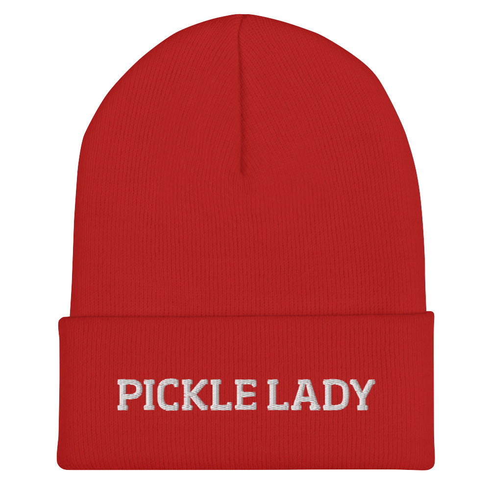 Red pickle lady beanie from Nina's Funky Shop by ninanush - This pickle lady hat is warm, cozy and the perfect pickle enthusiast hat for pickle lovers of all kinds. Show off in this funny foodie beanie. It comes in a variety of bold colors, each expertly embroidered with the words "Pickle Lady". It's a statement hat for pickle lovers, designed by Nina and made just for you!