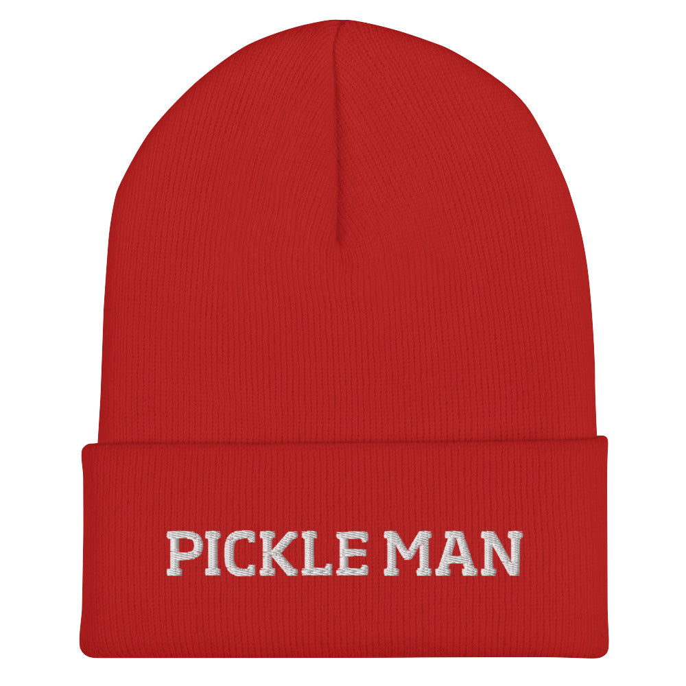 Red pickle man beanie from Nina's Funky Shop by ninanush - This pickle man hat is warm, cozy and the perfect pickle enthusiast hat for pickle lovers of all kinds. Show off in this funny foodie beanie. It comes in a variety of bold colors, each expertly embroidered with the words "Pickle Man". It's a statement hat for pickle lovers, designed by Nina and made just for you!