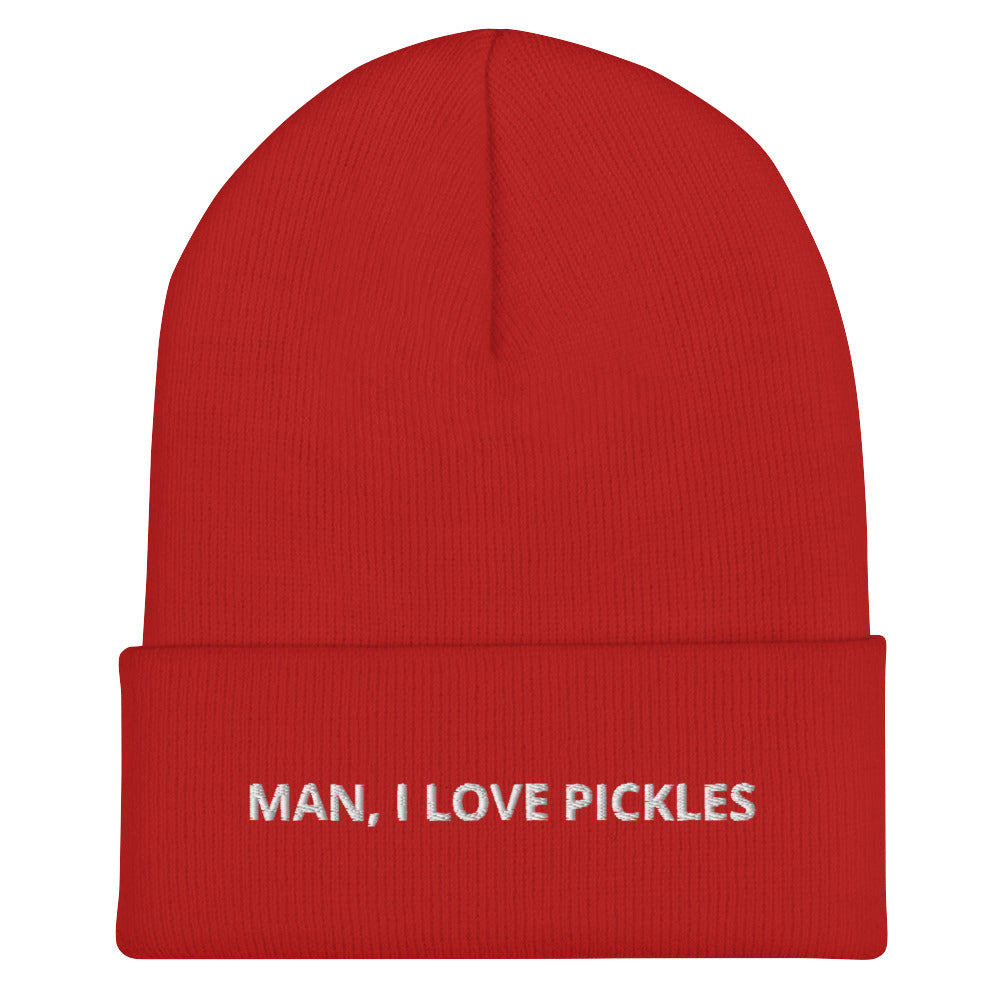 Red Man, I Love Pickles Hat from Nina's Funky Shop by ninanush - It's a funny pickle beanie for pickle enthusiasts of all kinds. When you're wearing this hat, everyone will know just how you feel about pickles. It comes in a variety of bold colors, each expertly embroidered with the words "Man, I Love Pickles". A statement hat for pickle lovers, designed by Nina and made just for you!