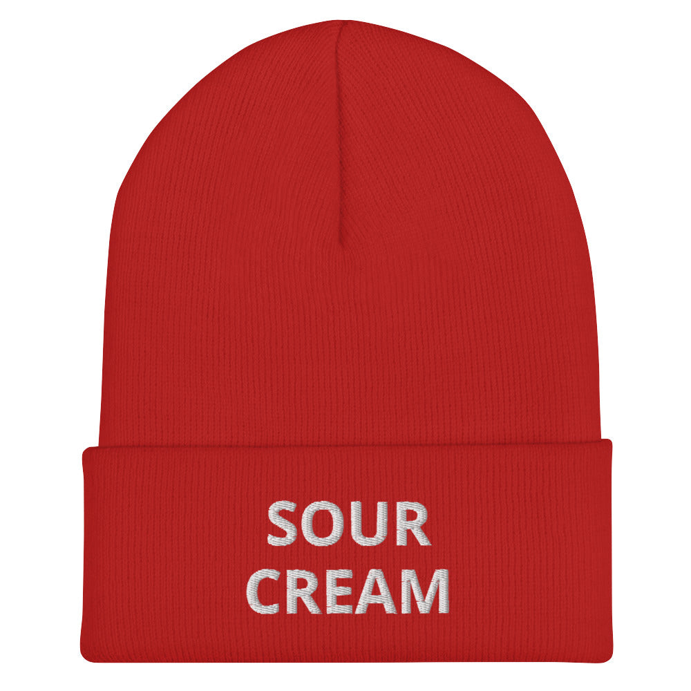 Red Sour Cream Beanie from Nina's Funky Shop by ninanush - Do you love sour cream? Looking for a funny gift for a foodie friend? Our Sour Cream Beanie is warm, cozy and the perfect snug, form fitting beanie for sour cream enthusiasts of all kinds. This funny foodie beanie comes in a variety of colors, each expertly embroidered with the words "Sour Cream". Designed by Nina