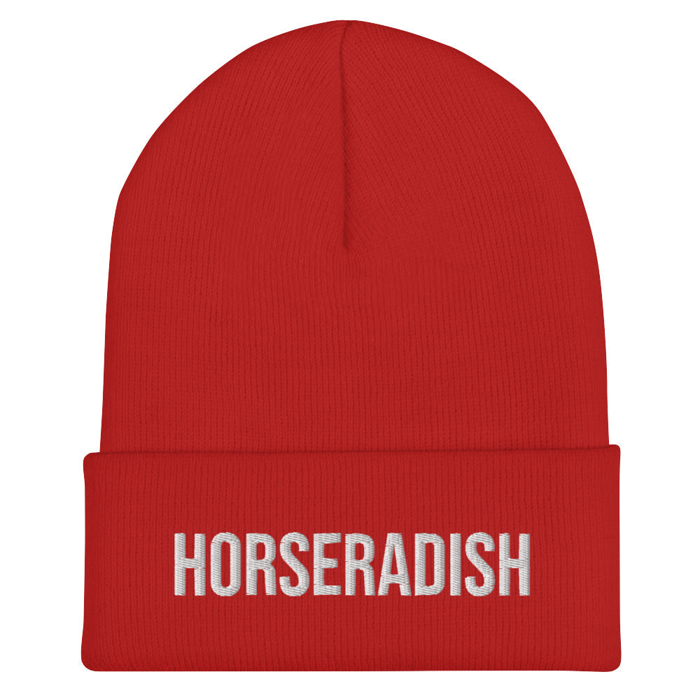 Red horseradish beanie from Nina's Funky Shop by ninanush - Do you love horseradish? Looking for a funny gift for a horseradish lover? Our Horseradish Beanie is warm, cozy and the perfect weird hat for horseradish enthusiasts of all kinds. This funny foodie beanie is snug, formfitting, and comes in a variety of colors, each expertly embroidered with the words "horseradish".