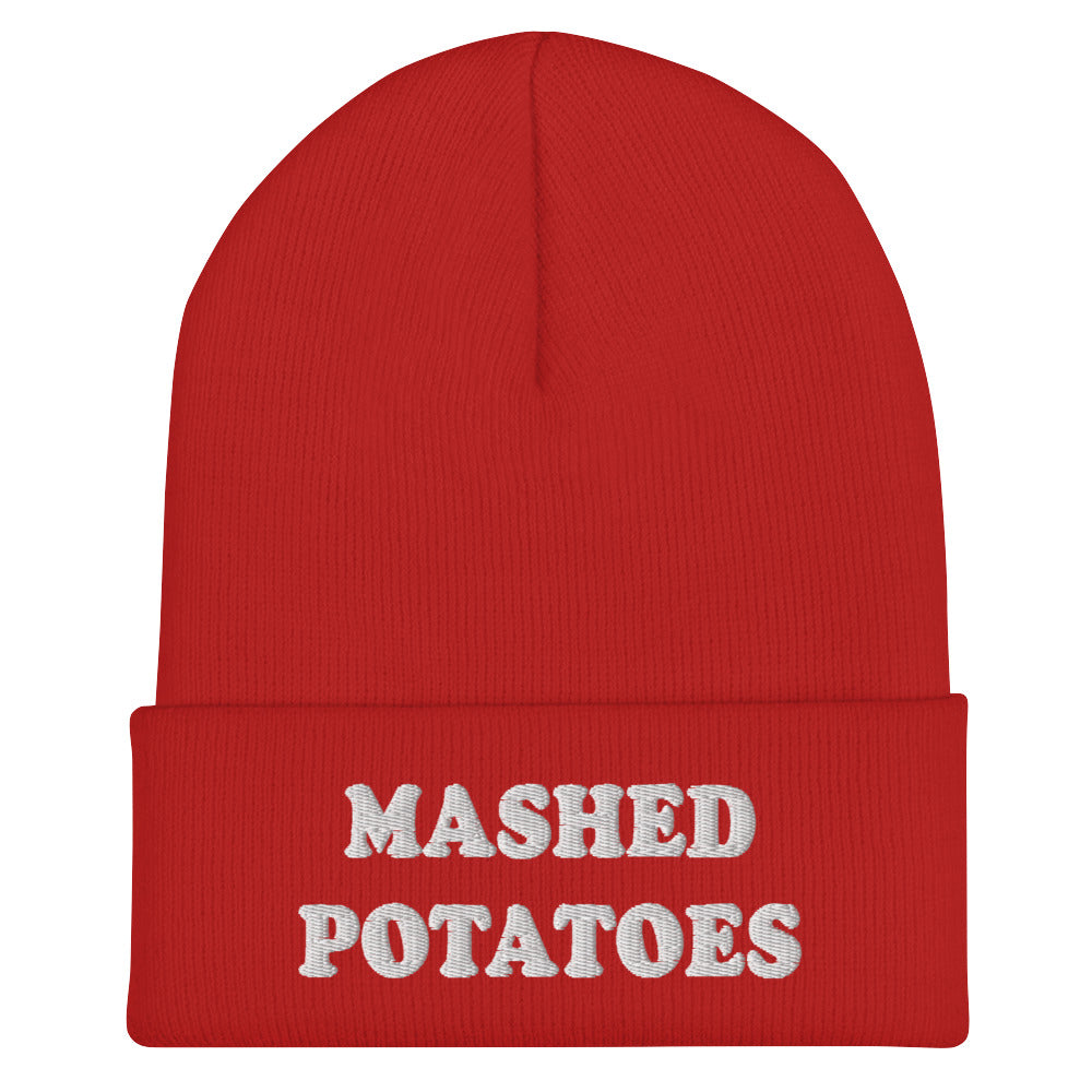 Red  Mashed Potato Beanie from Nina's Funky Shop by ninanush - Do you love mashed potatoes? Are you looking for a funny gift for a foodie friend? Our Mashed Potatoes Beanie is warm, cozy and the perfect funky hat for potato enthusiasts of all kinds. Show off in this funny foodie beanie. It comes in a variety of colors, each expertly embroidered with the words "Mashed Potatoes".