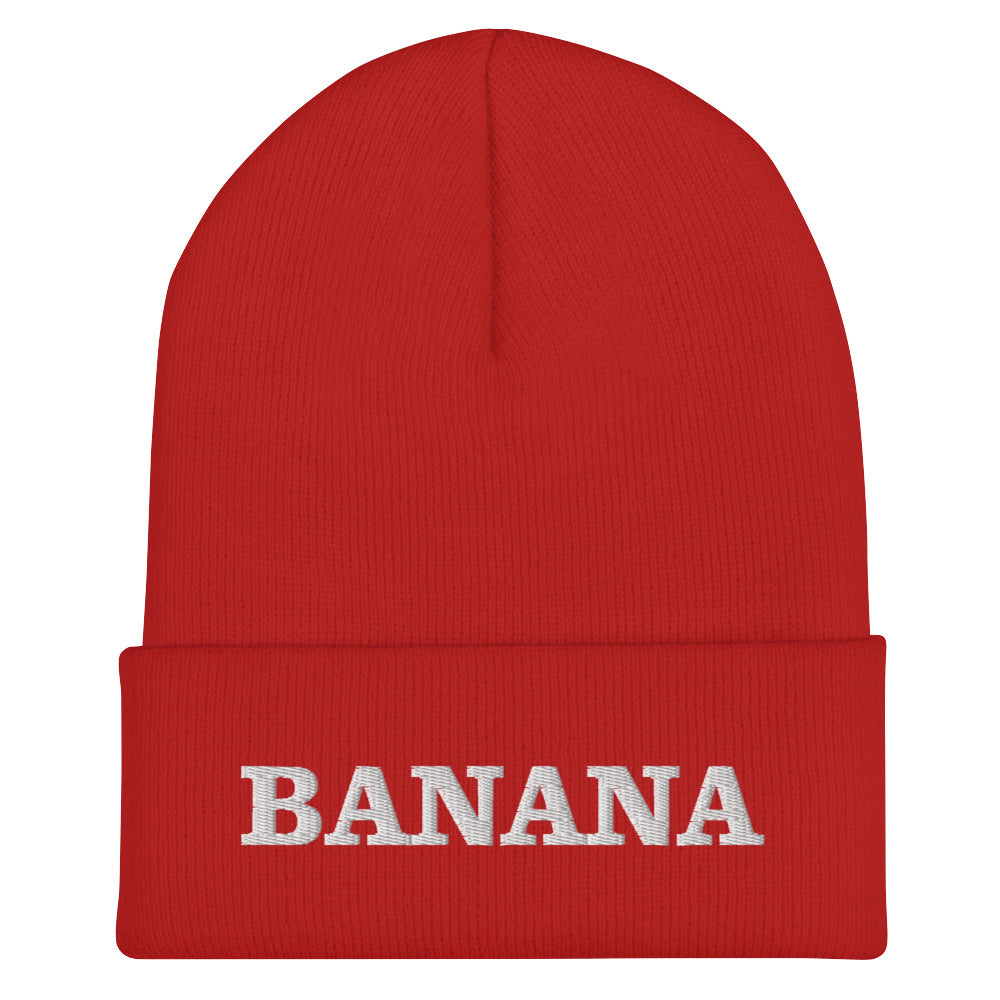 Red Banana Beanie from Nina's Funky Shop by ninanush - Our Banana Beanie is warm, cozy and made just for you! It comes in a variety of colors, each expertly embroidered with "Banana" across the front. A statement hat for banana enthusiasts and foodies of all kinds. Celebrate your favorite foods in our funky foodie apparel.