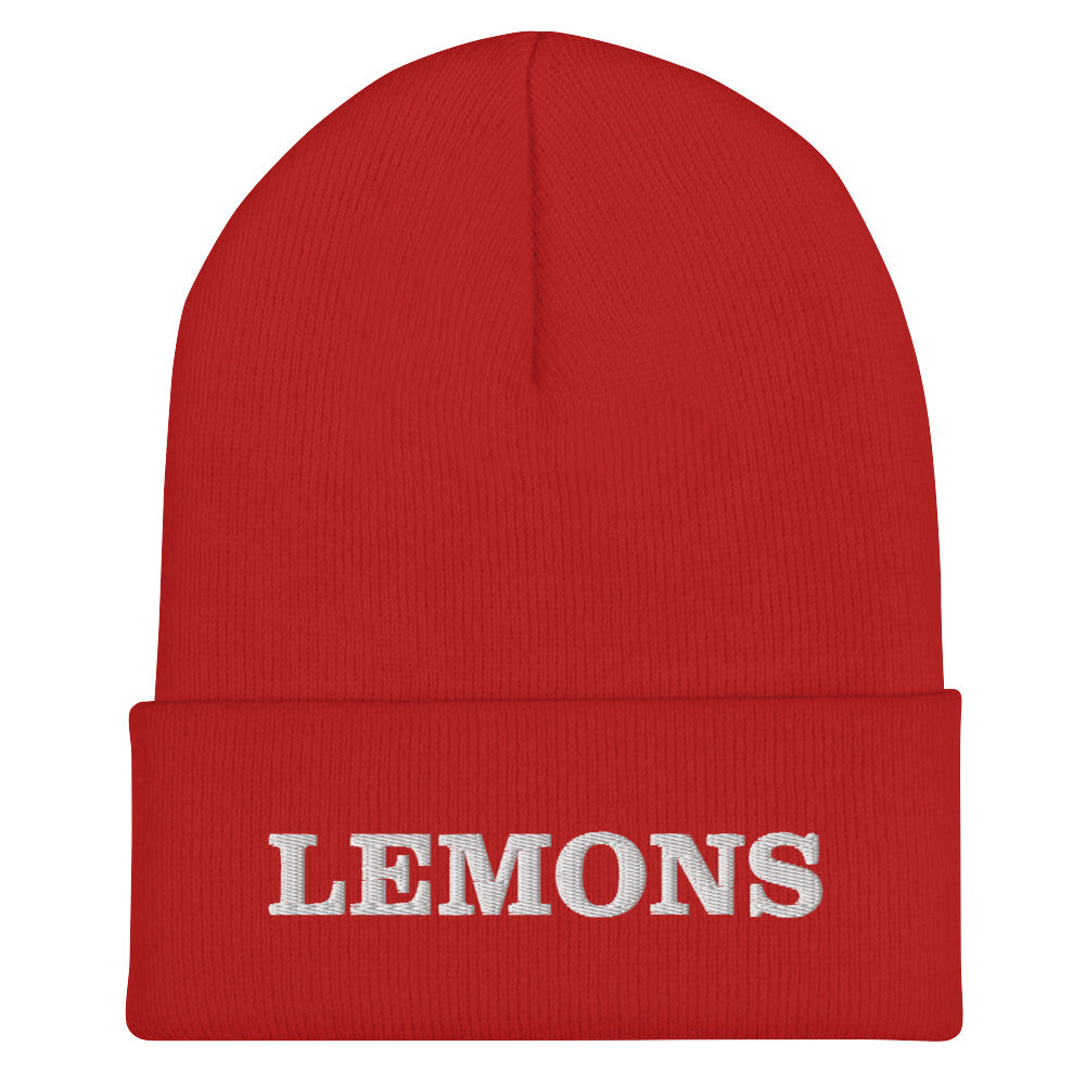 Red Lemons Beanie from Nina's Funky Shop by ninanush -Love Lemons? Looking for a funny foodie gift? Our Lemons Beanie is warm, cozy and the perfect cold weather hat for everyday streetwear. It comes in a variety of colors, expertly embroidered with "Lemons" across the front. Celebrate your favorite foods in our funky foodie apparel, designed by Nina and made just for you!