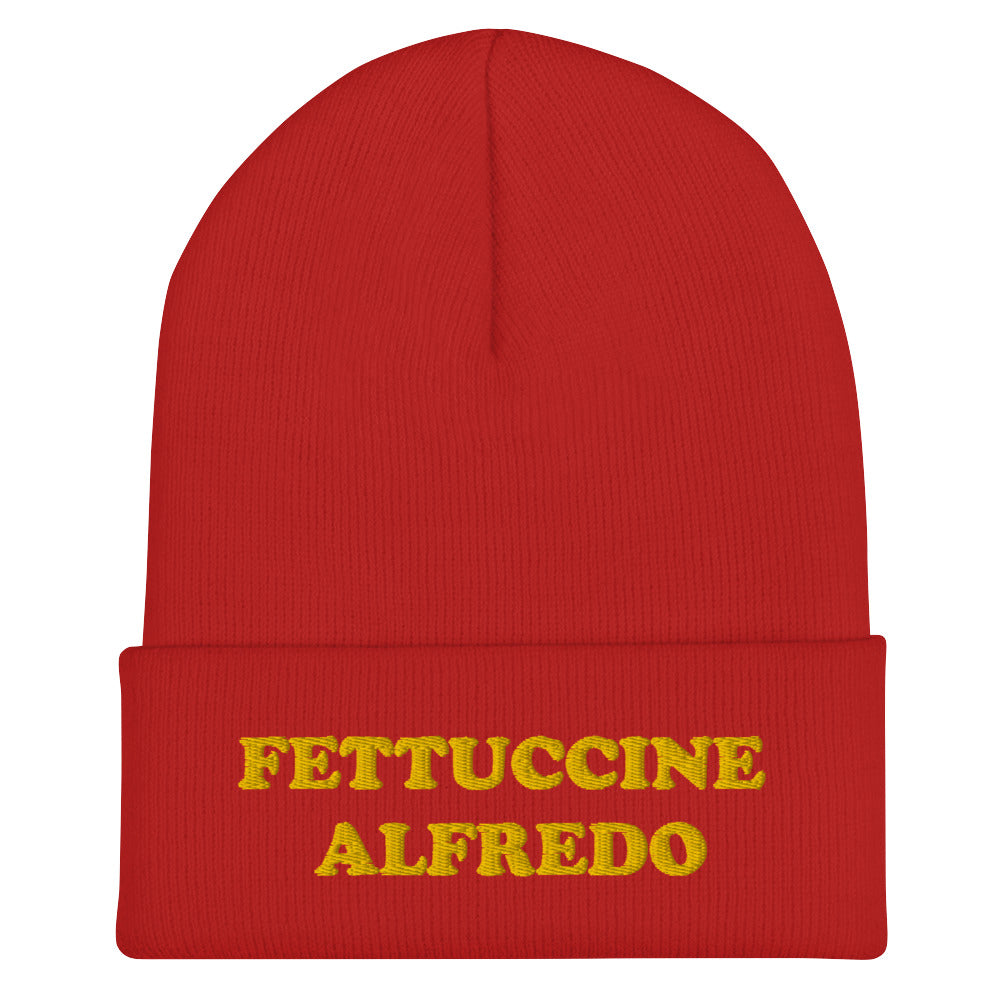 Red Hat with Fettuccine Alfredo Embroidered in Yellow - Do you love Fettuccine Alfredo? Are you looking for a funny gift for a foodie friend? Our Fettuccine Alfredo Beanie is the perfect funky hat for fettuccine enthusiasts. Celebrate patsa in this funny beanie for foodies. It comes in a variety of colors, each hat with Fettuccine Alfredo embroidered in yellow.