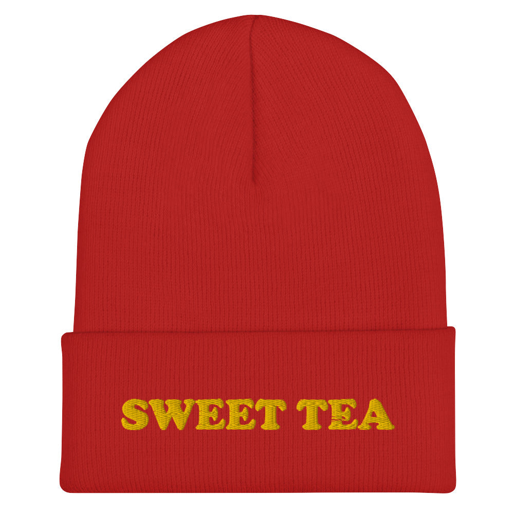 Red Beanie with Sweet Tea Embroidered on the front - Love sweet tea? Looking for a funny gift for sweet tea enthusiast? Our sweet tea hat is warm, cozy and the perfect embroidered beanie for everyday style. It comes in a variety of colors with "sweet tea", expertly embroidered across the front. Celebrate your favorite foods in our funky foodie apparel. Designed by Nina and made just for you!