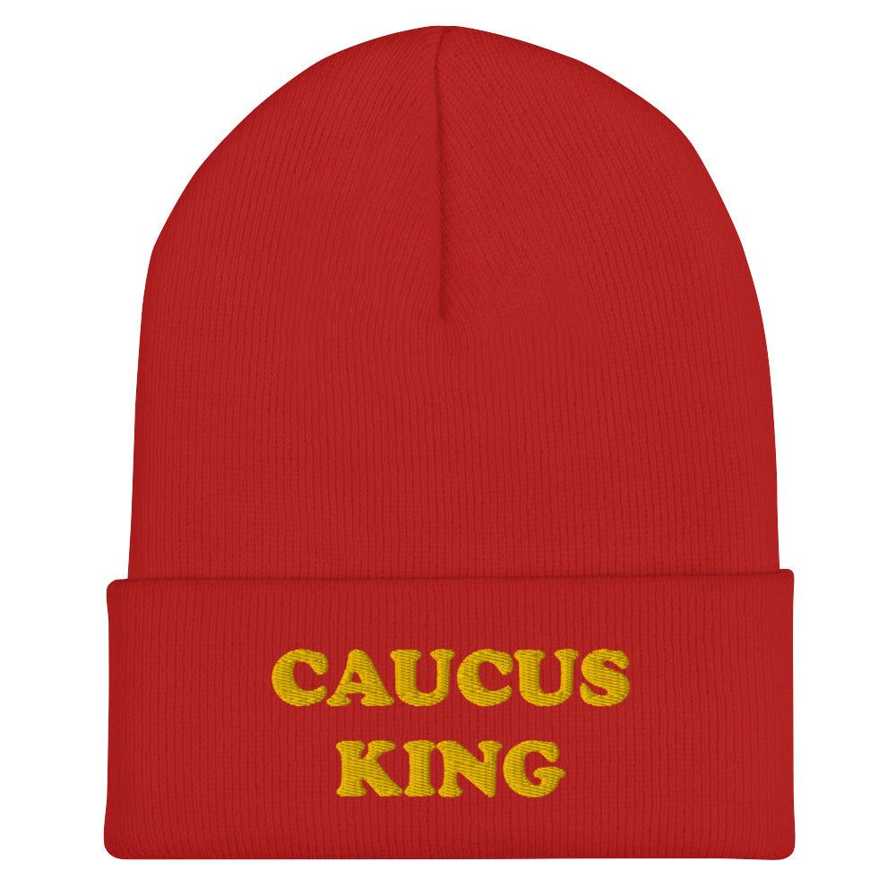 Red Caucus Beanie - A colorful beanie with "Caucus King", expertly embroidered across the front. The perfect funny hat for a caucus. Check out our caucus queen beanie, too! Looking for something more personalized? Shoot us an email! shop@ninanush.com We can change the text and/or the embroidery color to create a design you'll love!