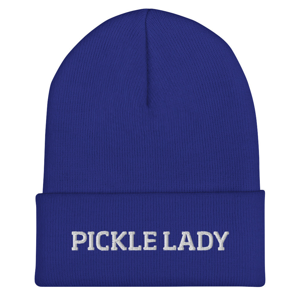 Royal blue pickle lady beanie from Nina's Funky Shop by ninanush - This pickle lady hat is warm, cozy and the perfect pickle enthusiast hat for pickle lovers of all kinds. Show off in this funny foodie beanie. It comes in a variety of bold colors, each expertly embroidered with the words "Pickle Lady". It's a statement hat for pickle lovers, designed by Nina and made just for you!