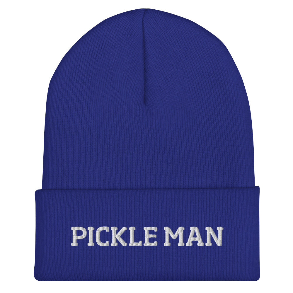 Royal blue pickle man beanie from Nina's Funky Shop by ninanush - This pickle man hat is warm, cozy and the perfect pickle enthusiast hat for pickle lovers of all kinds. Show off in this funny foodie beanie. It comes in a variety of bold colors, each expertly embroidered with the words "Pickle Man". It's a statement hat for pickle lovers, designed by Nina and made just for you!