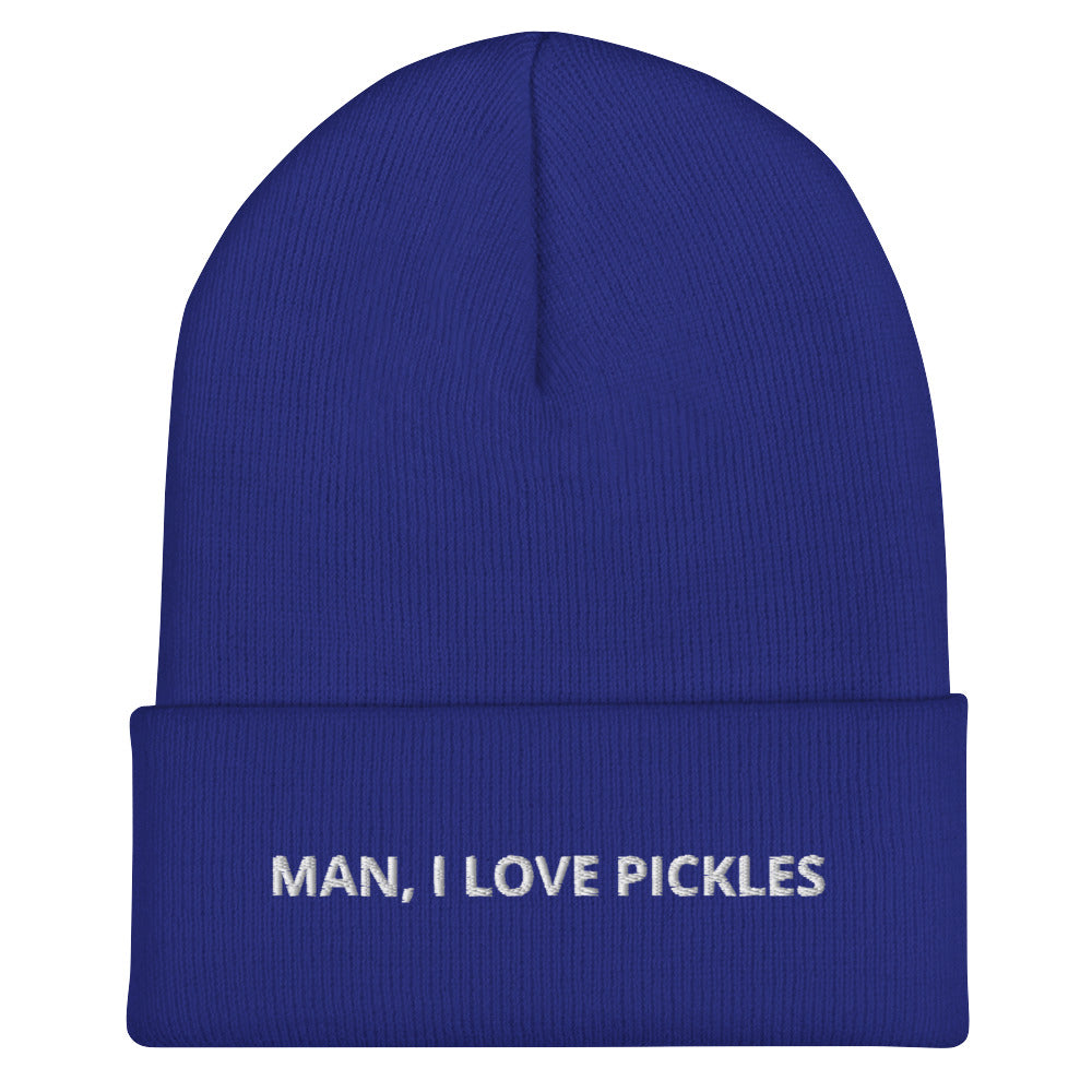 Royal blue Man, I Love Pickles Hat from Nina's Funky Shop by ninanush - It's a funny pickle beanie for pickle enthusiasts of all kinds. When you're wearing this hat, everyone will know just how you feel about pickles. It comes in a variety of bold colors, each expertly embroidered with the words "Man, I Love Pickles". A statement hat for pickle lovers, designed by Nina and made just for you!