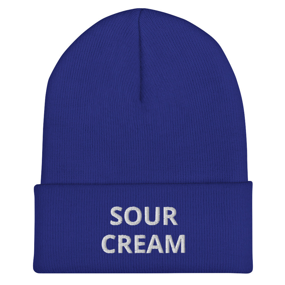 Royal Blue Sour Cream Beanie from Nina's Funky Shop by ninanush - Do you love sour cream? Looking for a funny gift for a foodie friend? Our Sour Cream Beanie is warm, cozy and the perfect snug, form fitting beanie for sour cream enthusiasts of all kinds. This funny foodie beanie comes in a variety of colors, each expertly embroidered with the words "Sour Cream". Designed by Nina