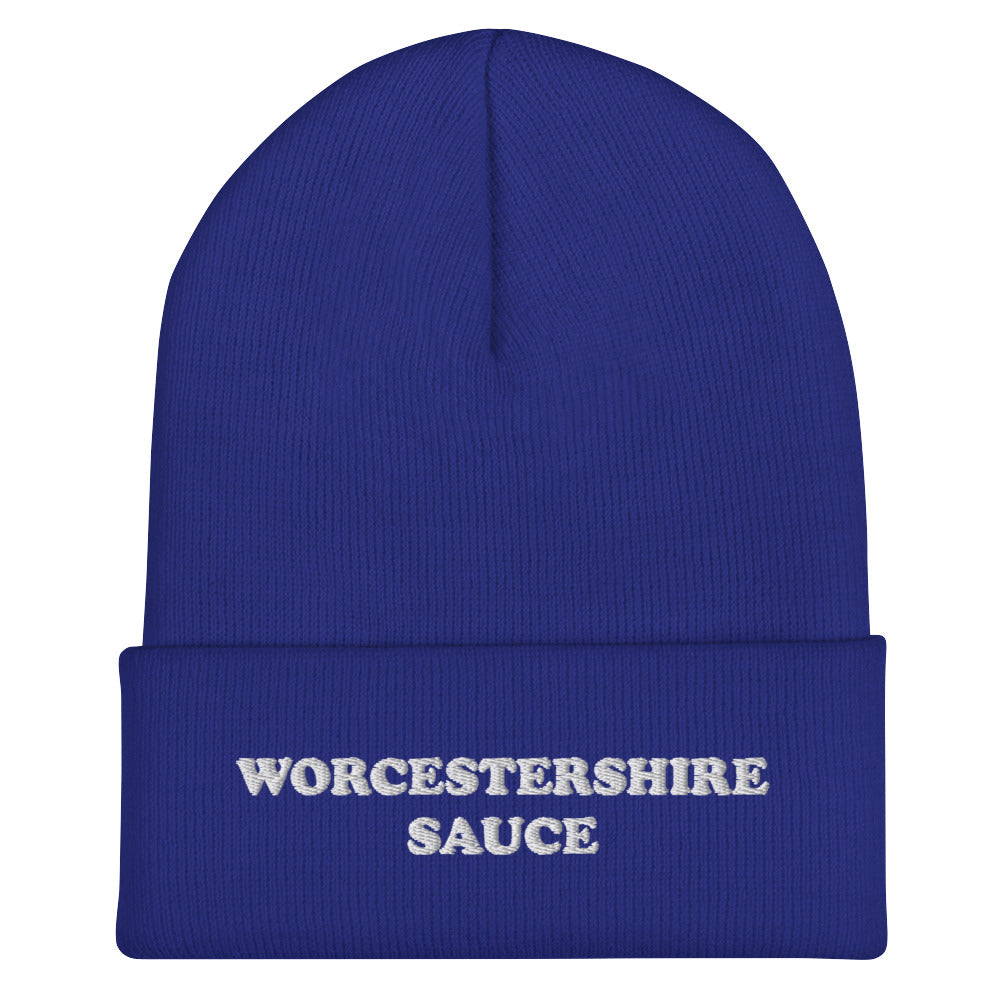 Royal Blue Worcestershire Sauce Beanie from Nina's Funky Shop by ninanush - Do you love Worcestershire Sauce? Looking for a funny gift for a foodie? Our Worcestershire Sauce Beanie is perfect for Worcestershire enthusiasts of all kinds. Show off in this weird and funny foodie beanie. It's a statement embroidered hat for Worcestershire Sauce lovers, designed by Nina and made just for you!