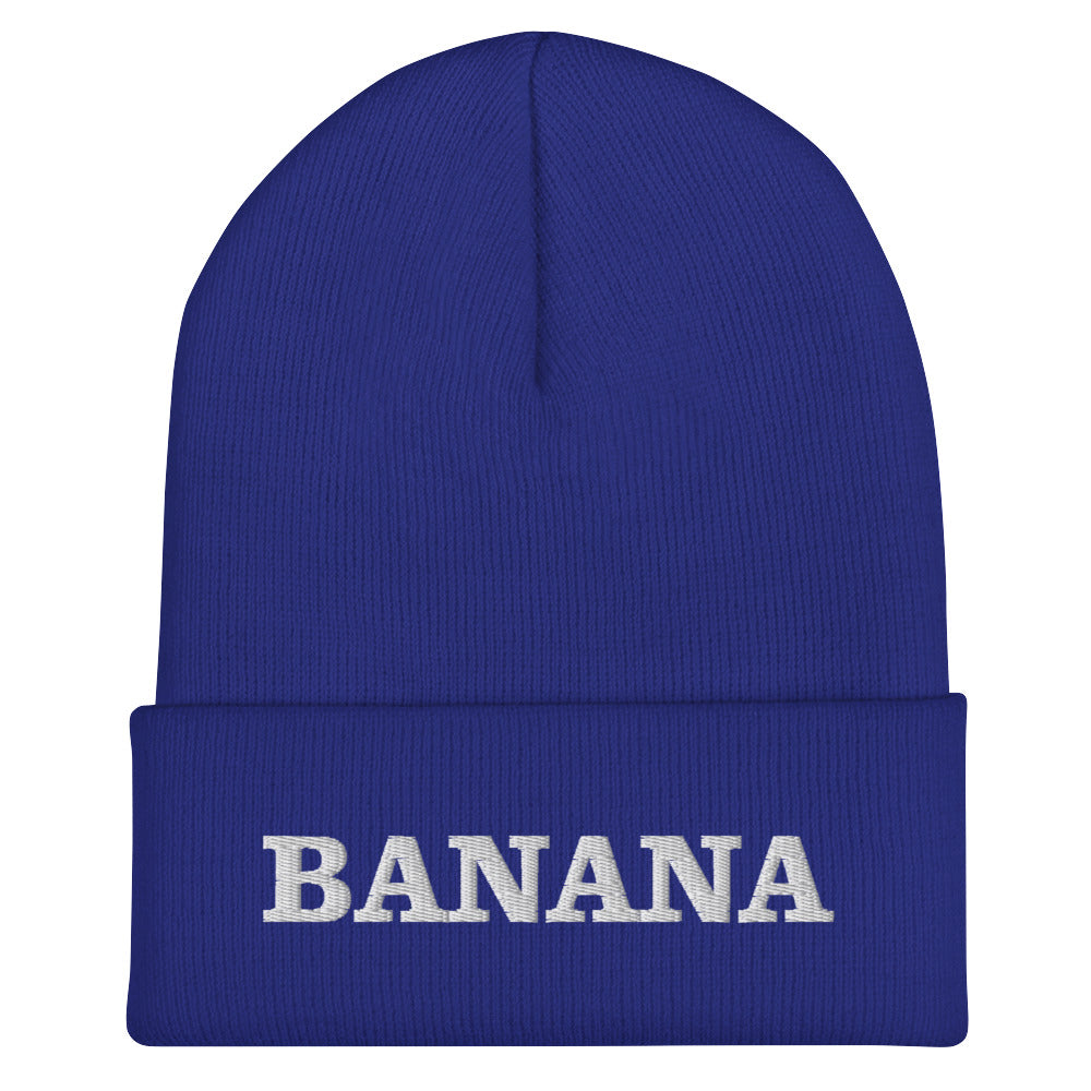 Royal Blue Banana Beanie from Nina's Funky Shop by ninanush - Our Banana Beanie is warm, cozy and made just for you! It comes in a variety of colors, each expertly embroidered with "Banana" across the front. A statement hat for banana enthusiasts and foodies of all kinds. Celebrate your favorite foods in our funky foodie apparel.