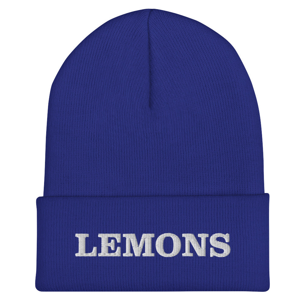 Royal Blue Lemons Beanie from Nina's Funky Shop by ninanush -Love Lemons? Looking for a funny foodie gift? Our Lemons Beanie is warm, cozy and the perfect cold weather hat for everyday streetwear. It comes in a variety of colors, expertly embroidered with "Lemons" across the front. Celebrate your favorite foods in our funky foodie apparel, designed by Nina and made just for you!