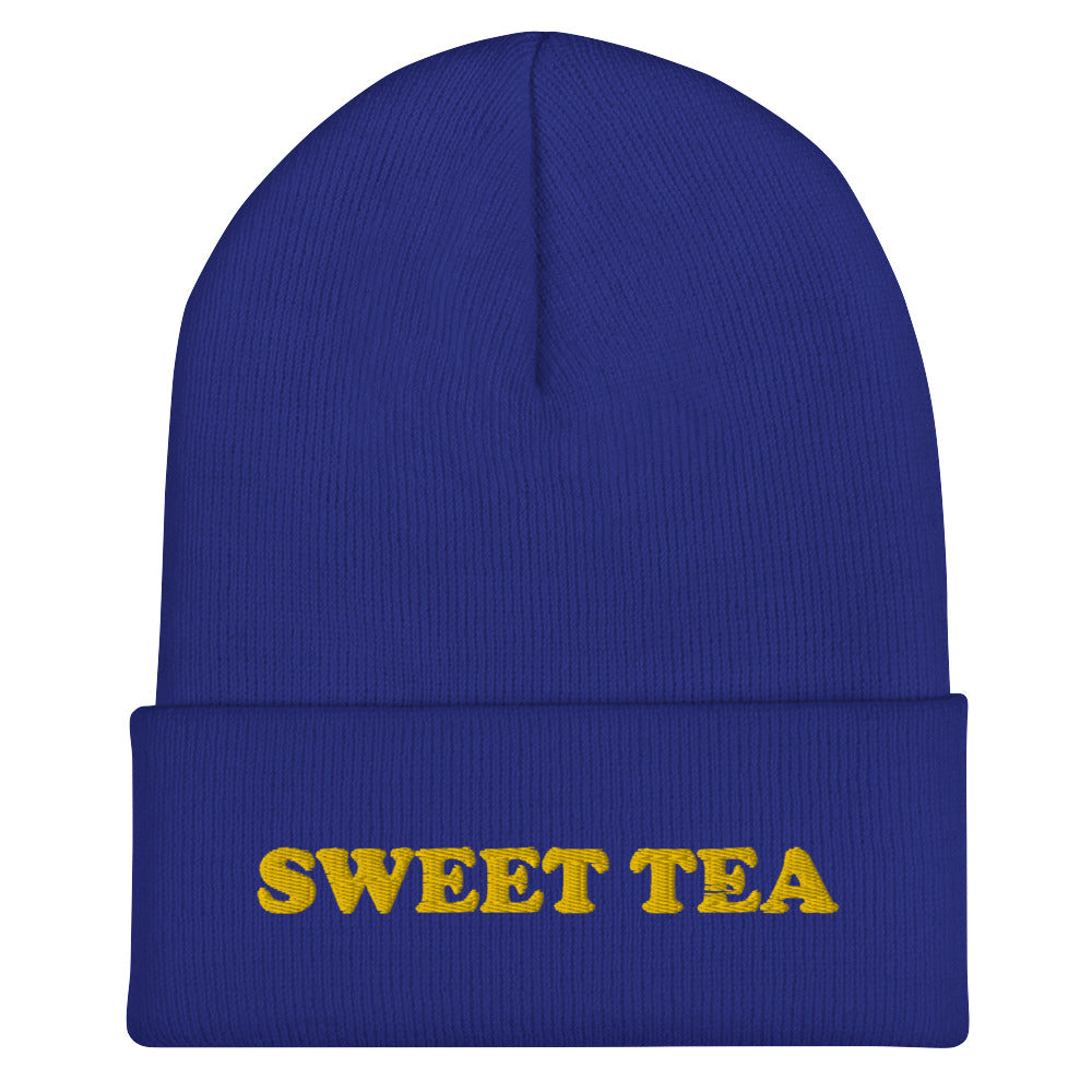 Royal Blue Beanie with Sweet Tea Embroidered on the front - Love sweet tea? Looking for a funny gift for sweet tea enthusiast? Our sweet tea hat is warm, cozy and the perfect embroidered beanie for everyday style. It comes in a variety of colors with "sweet tea", expertly embroidered across the front. Celebrate your favorite foods in our funky foodie apparel. Designed by Nina and made just for you!