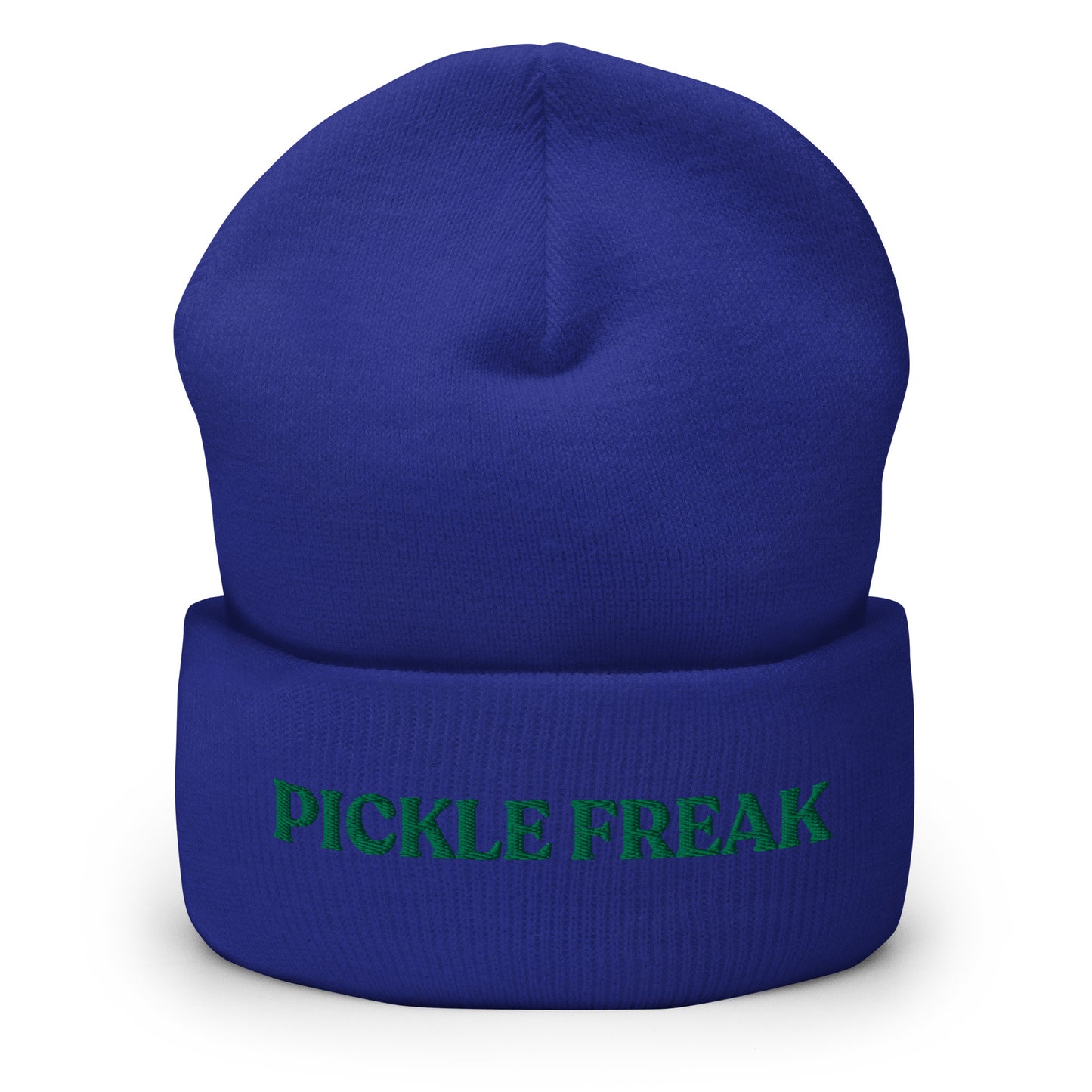 Royal Blue Our Pickle Freak Beanie is warm, cozy and embroidered just for you! It's a funny beanie for pickle enthusiasts that comes in a variety of colors. A perfect warm hat for pickle lovers or a funny gift for a foodie.