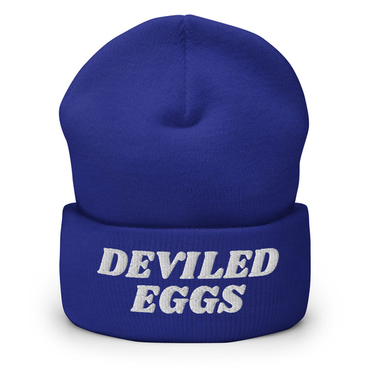 Royal Blue Deviled Eggs Beanie - Our Deviled Eggs Beanie is warm, cozy and embroidered just for you! It's a funny beanie for deviled egg enthusiasts that comes in a variety of colors and embroidered just for you. A funny beanie for everyday streetwear or a gift for a foodie. 