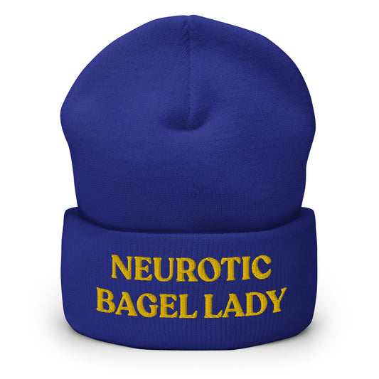 Royal Blue  - Are you a little neurotic? A proud bagel enthusiast? Our Neurotic Bagel Lady Beanie is just what you need! It's warm, cozy and a funny winter hat for bagel lovers and foodies of all kinds. Looking for something personalized? A different embroidery color? Shoot us an email! 
