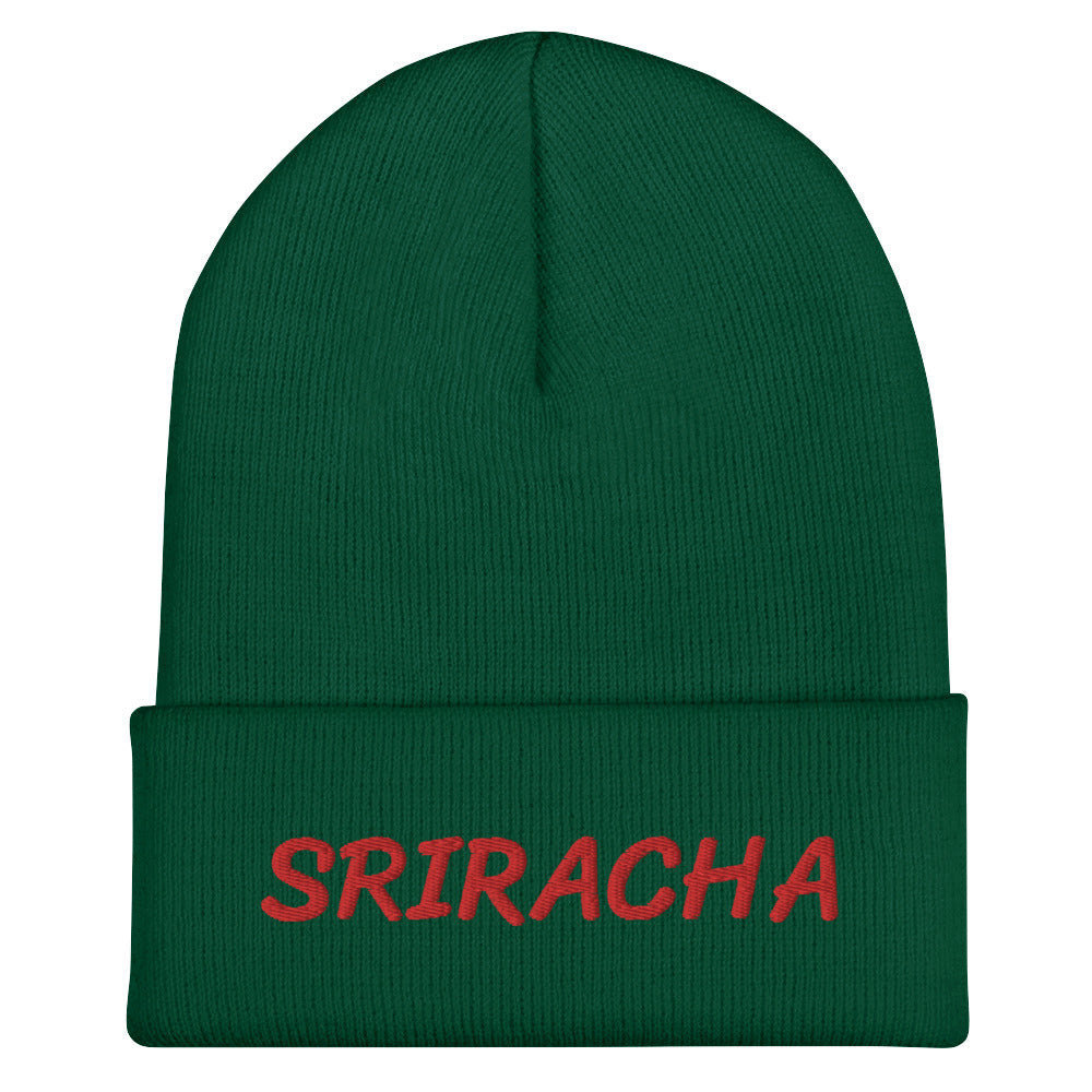 Green sriracha beanie from Nina's Funky Shop by ninanush - Our Sriracha Beanie is warm, cozy and the perfect hat for hot sauce enthusiasts of all kinds. Show off in this funny foodie beanie. It comes in a variety of bold colors, each expertly embroidered with the word "Sriracha". It's a stylish statement hat for sriracha lovers, designed by Nina and made just for you!