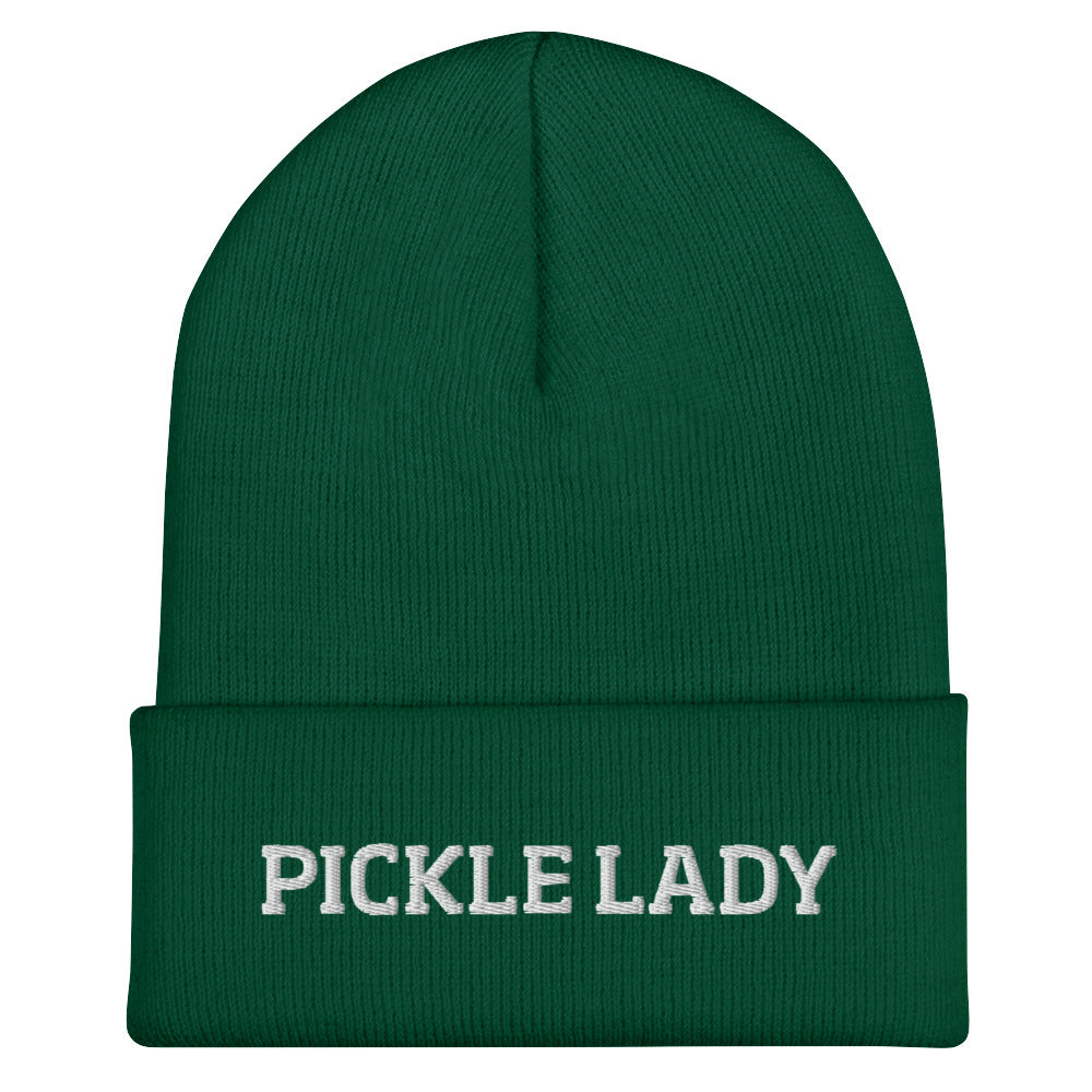 Green pickle lady beanie from Nina's Funky Shop by ninanush - This pickle lady hat is warm, cozy and the perfect pickle enthusiast hat for pickle lovers of all kinds. Show off in this funny foodie beanie. It comes in a variety of bold colors, each expertly embroidered with the words "Pickle Lady". It's a statement hat for pickle lovers, designed by Nina and made just for you!