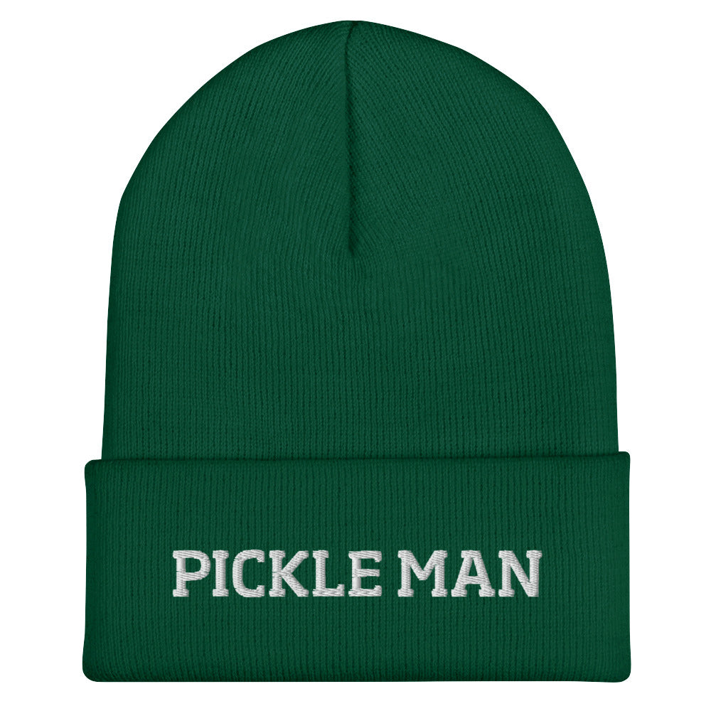 Green pickle man beanie from Nina's Funky Shop by ninanush - This pickle man hat is warm, cozy and the perfect pickle enthusiast hat for pickle lovers of all kinds. Show off in this funny foodie beanie. It comes in a variety of bold colors, each expertly embroidered with the words "Pickle Man". It's a statement hat for pickle lovers, designed by Nina and made just for you!