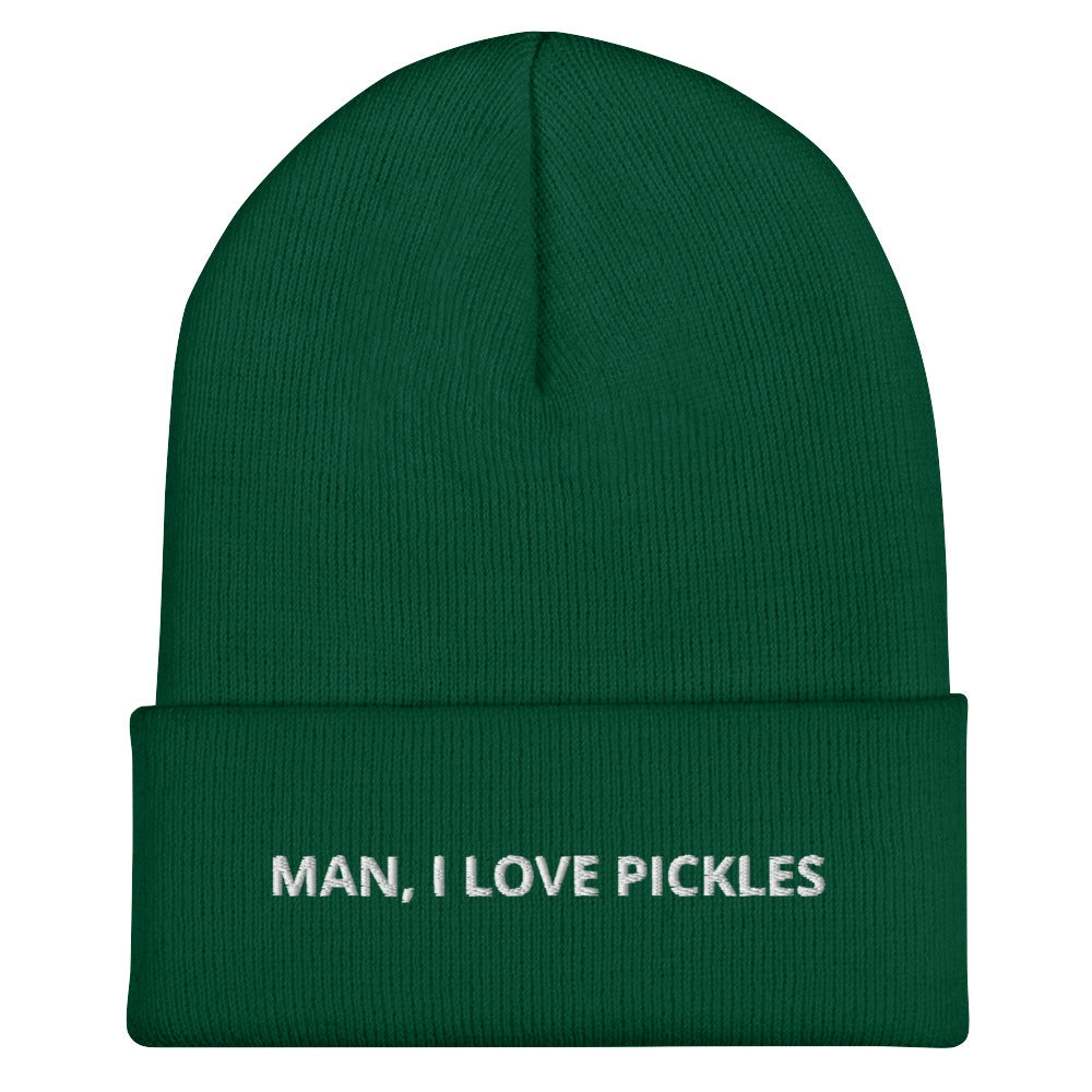 Green Man, I Love Pickles Hat from Nina's Funky Shop by ninanush - It's a funny pickle beanie for pickle enthusiasts of all kinds. When you're wearing this hat, everyone will know just how you feel about pickles. It comes in a variety of bold colors, each expertly embroidered with the words "Man, I Love Pickles". A statement hat for pickle lovers, designed by Nina and made just for you! 