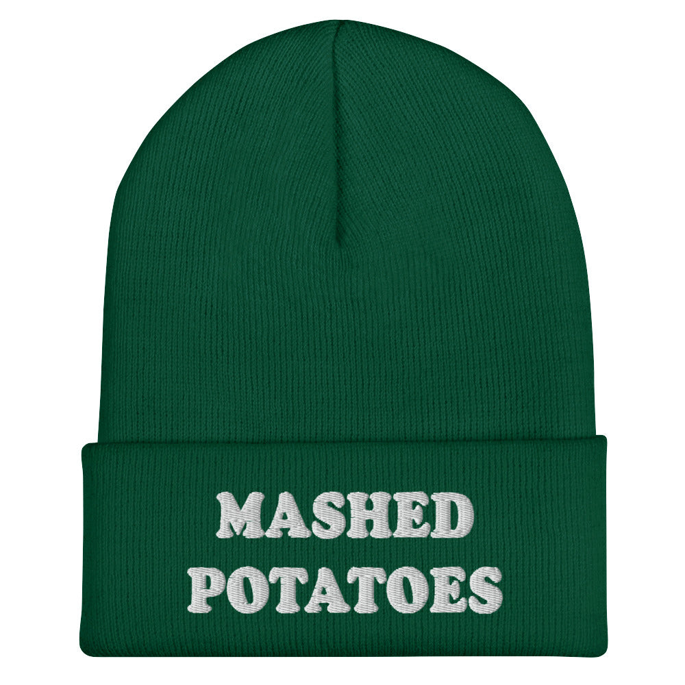 Green  Mashed Potato Beanie from Nina's Funky Shop by ninanush - Do you love mashed potatoes? Are you looking for a funny gift for a foodie friend? Our Mashed Potatoes Beanie is warm, cozy and the perfect funky hat for potato enthusiasts of all kinds. Show off in this funny foodie beanie. It comes in a variety of colors, each expertly embroidered with the words "Mashed Potatoes".