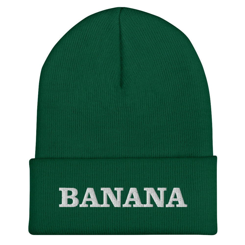 Spruce Green Banana Beanie from Nina's Funky Shop by ninanush - Our Banana Beanie is warm, cozy and made just for you! It comes in a variety of colors, each expertly embroidered with "Banana" across the front. A statement hat for banana enthusiasts and foodies of all kinds. Celebrate your favorite foods in our funky foodie apparel.