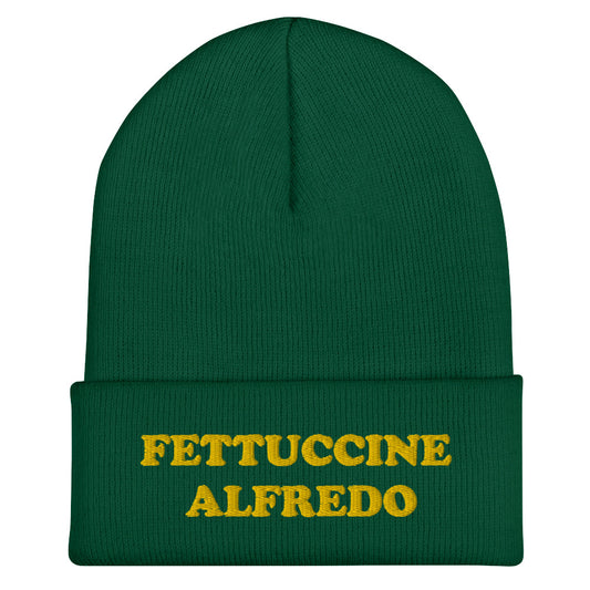 Green Hat with Fettuccine Alfredo Embroidered in Yellow - Do you love Fettuccine Alfredo? Are you looking for a funny gift for a foodie friend? Our Fettuccine Alfredo Beanie is the perfect funky hat for fettuccine enthusiasts. Celebrate patsa in this funny beanie for foodies. It comes in a variety of colors, each hat with Fettuccine Alfredo embroidered in yellow. 