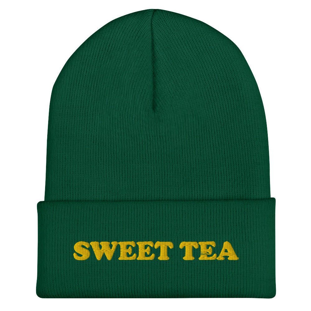 Spruce Green Beanie with Sweet Tea Embroidered on the front - Love sweet tea? Looking for a funny gift for sweet tea enthusiast? Our sweet tea hat is warm, cozy and the perfect embroidered beanie for everyday style. It comes in a variety of colors with "sweet tea", expertly embroidered across the front. Celebrate your favorite foods in our funky foodie apparel. Designed by Nina and made just for you!