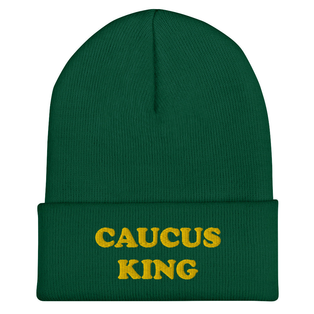 Spruce Green Caucus Beanie - A colorful beanie with "Caucus King", expertly embroidered across the front. The perfect funny hat for a caucus. Check out our caucus queen beanie, too! Looking for something more personalized? Shoot us an email! shop@ninanush.com We can change the text and/or the embroidery color to create a design you'll love!