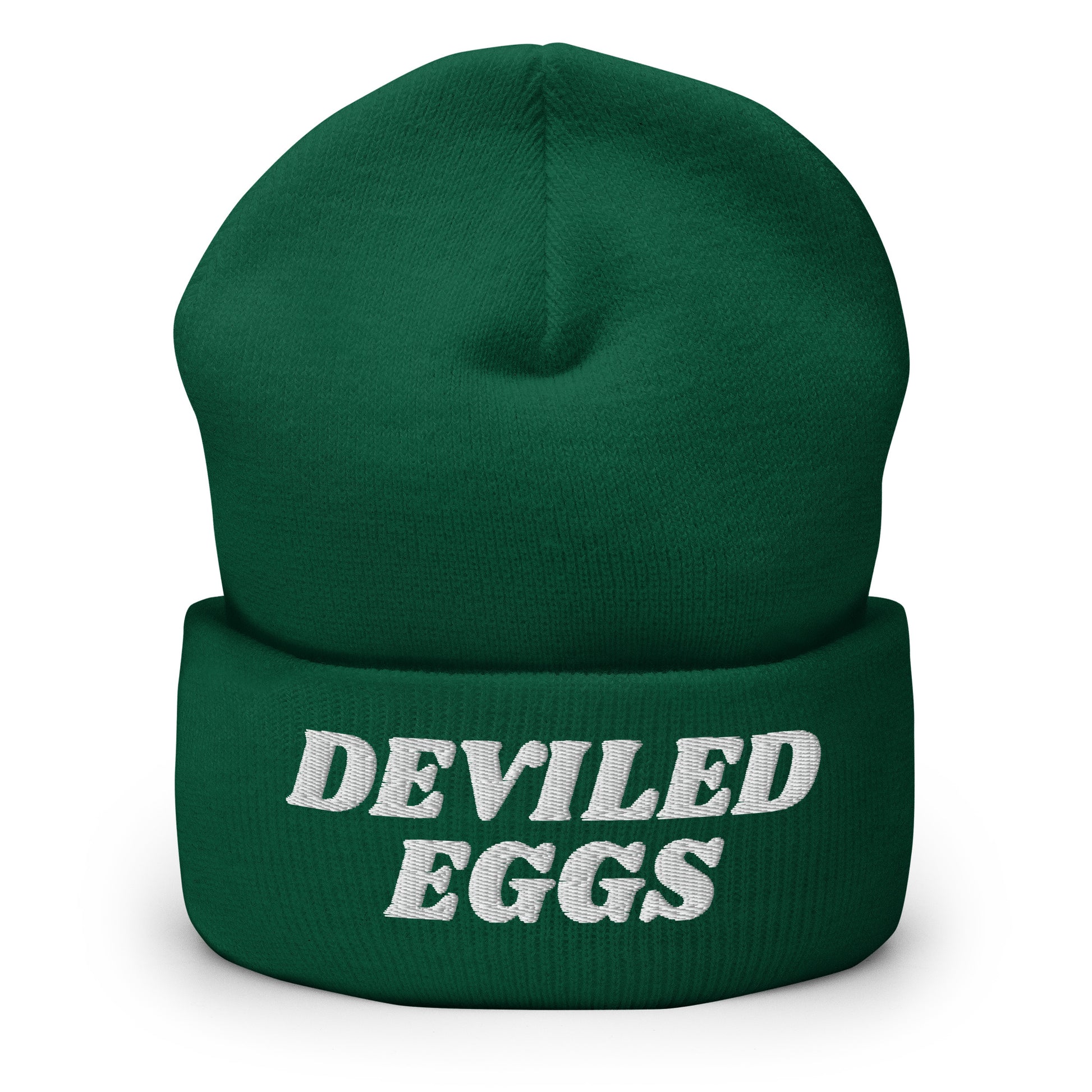 Green Deviled Eggs Beanie - Our Deviled Eggs Beanie is warm, cozy and embroidered just for you! It's a funny beanie for deviled egg enthusiasts that comes in a variety of colors and embroidered just for you. A funny beanie for everyday streetwear or a gift for a foodie. 