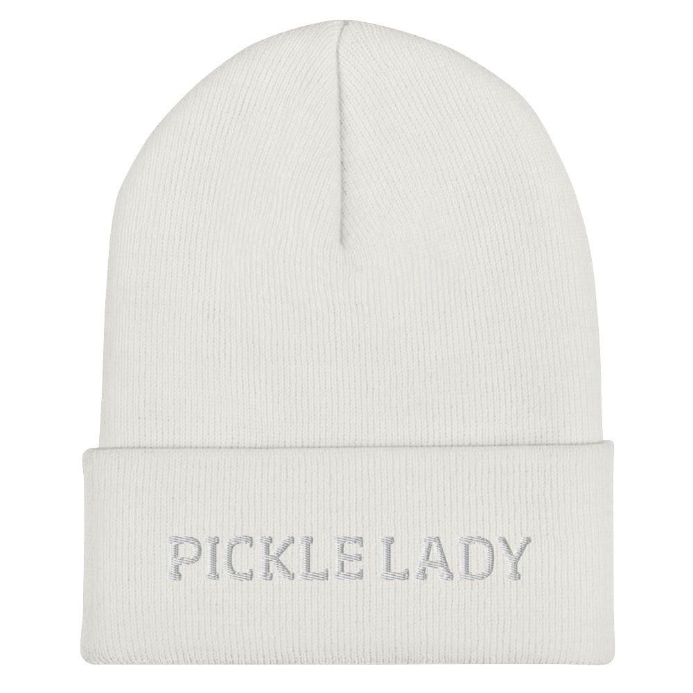 White pickle lady beanie from Nina's Funky Shop by ninanush - This pickle lady hat is warm, cozy and the perfect pickle enthusiast hat for pickle lovers of all kinds. Show off in this funny foodie beanie. It comes in a variety of bold colors, each expertly embroidered with the words "Pickle Lady". It's a statement hat for pickle lovers, designed by Nina and made just for you!