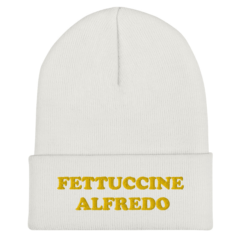 White Beanie Hat with Fettuccine Alfredo Embroidered in Yellow - Do you love Fettuccine Alfredo? Are you looking for a funny gift for a foodie friend? Our Fettuccine Alfredo Beanie is the perfect funky hat for fettuccine enthusiasts. Celebrate patsa in this funny beanie for foodies. It comes in a variety of colors, each hat with Fettuccine Alfredo embroidered in yellow.