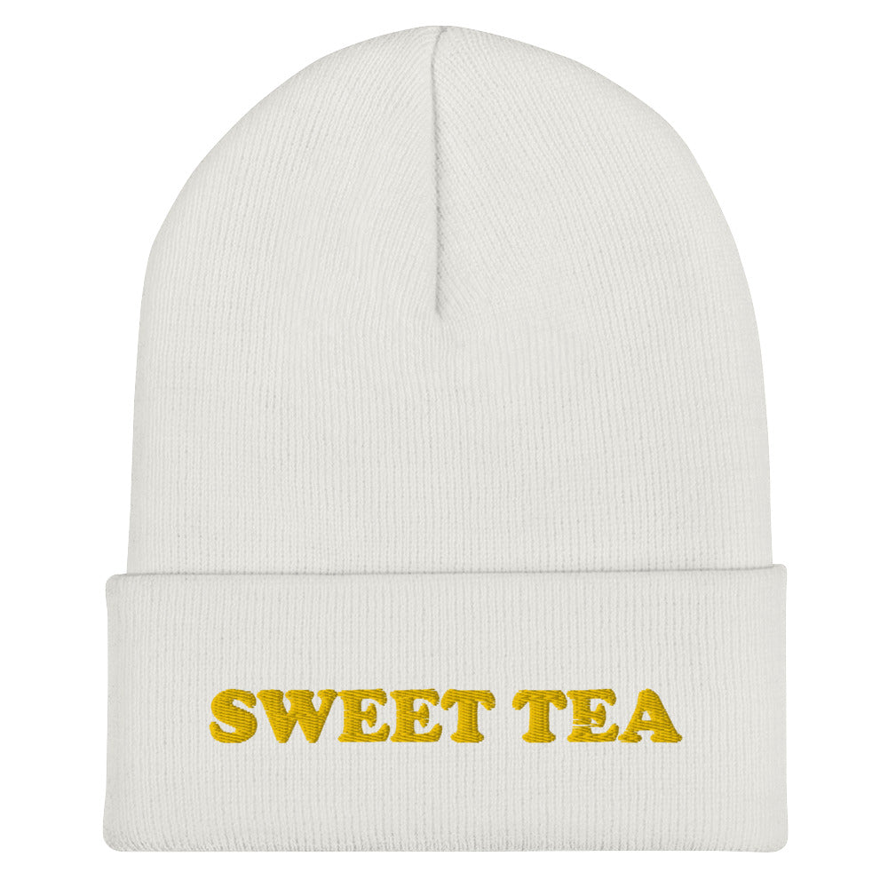 White Beanie with Sweet Tea Embroidered on the front - Love sweet tea? Looking for a funny gift for sweet tea enthusiast? Our sweet tea hat is warm, cozy and the perfect embroidered beanie for everyday style. It comes in a variety of colors with "sweet tea", expertly embroidered across the front. Celebrate your favorite foods in our funky foodie apparel. Designed by Nina and made just for you!