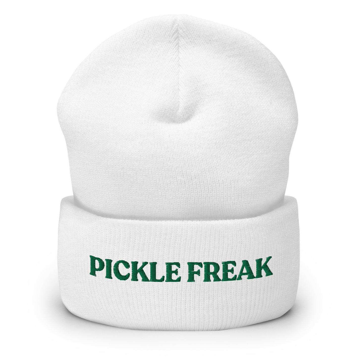 White Pickle Freak Hat - Our Pickle Freak Beanie is warm, cozy and embroidered just for you! It's a funny beanie for pickle enthusiasts that comes in a variety of colors. A perfect warm hat for pickle lovers or a funny gift for a foodie.