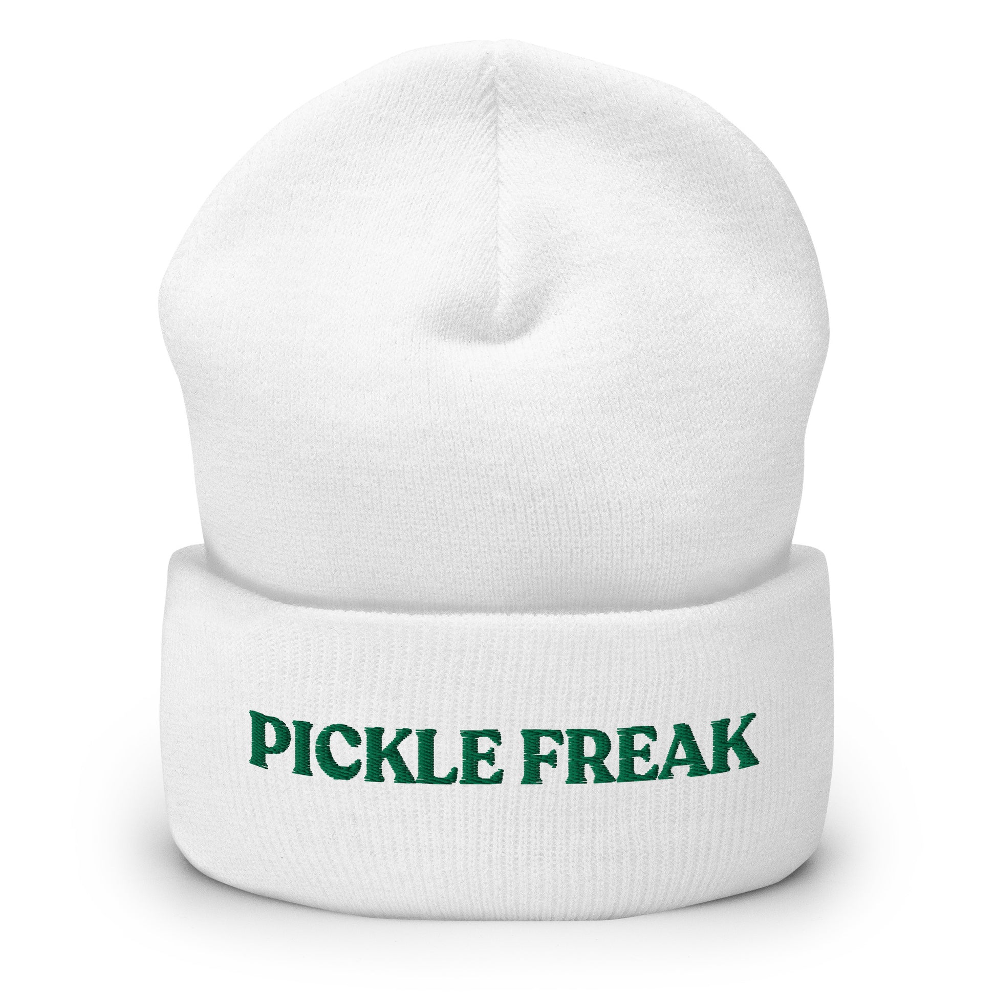 White Pickle Freak Hat - Our Pickle Freak Beanie is warm, cozy and embroidered just for you! It's a funny beanie for pickle enthusiasts that comes in a variety of colors. A perfect warm hat for pickle lovers or a funny gift for a foodie.