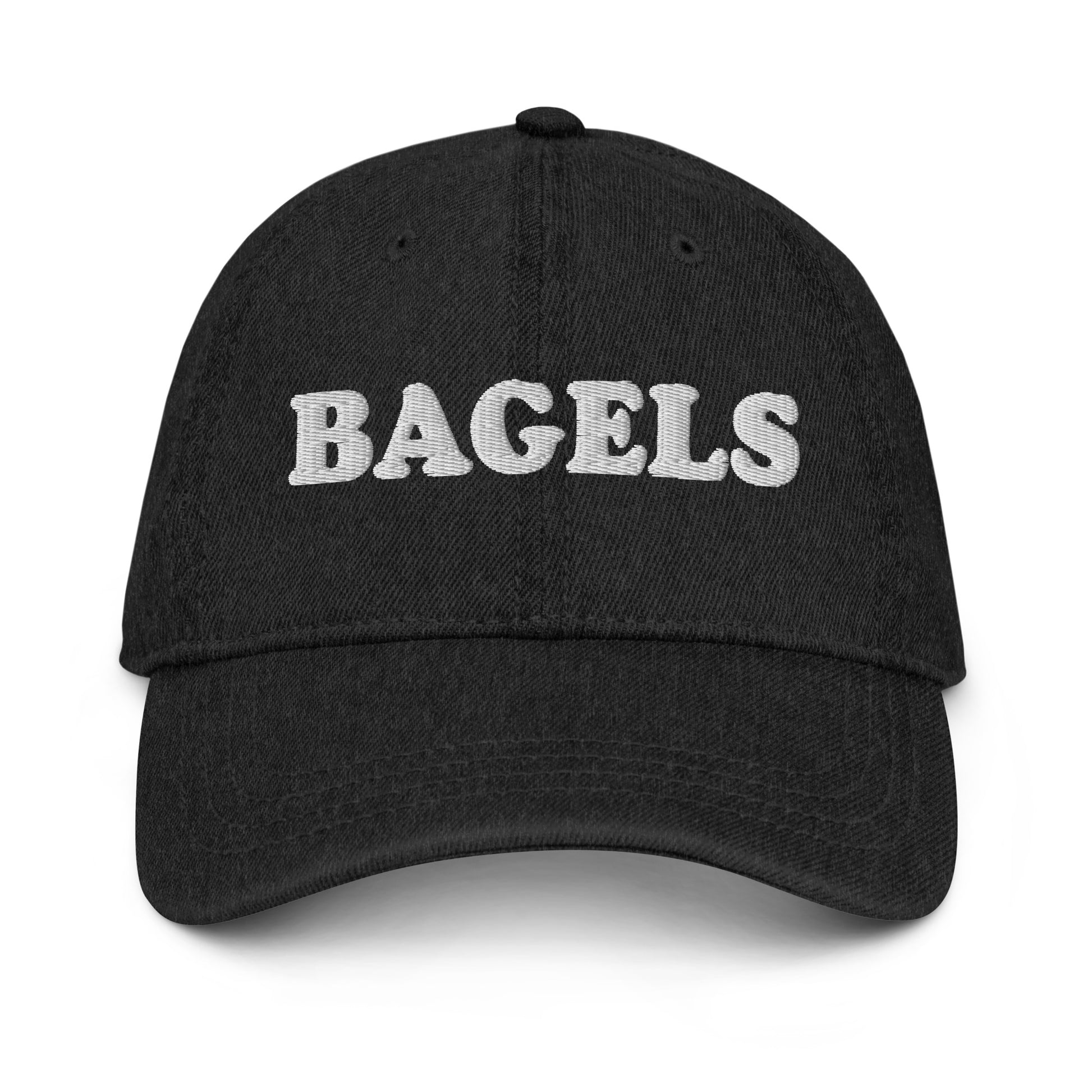 Black Bagels Dad Hat - Bagel enthusiast? Our Bagels Hat is comfortable, adjustable and made just for you! It's a pigment-dyed denim hat with a "Bagels", expertly embroidered on the front. Made out of 100% cotton and perfect for everyday wear or a gift for a bagel lover.