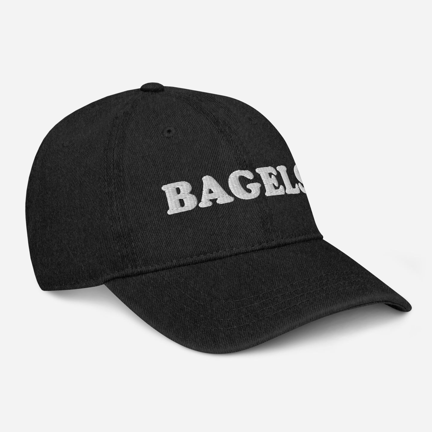 Black Bagels Dad Hat - Bagel enthusiast? Our Bagels Hat is comfortable, adjustable and made just for you! It's a pigment-dyed denim hat with a "Bagels", expertly embroidered on the front. Made out of 100% cotton and perfect for everyday wear or a gift for a bagel lover.