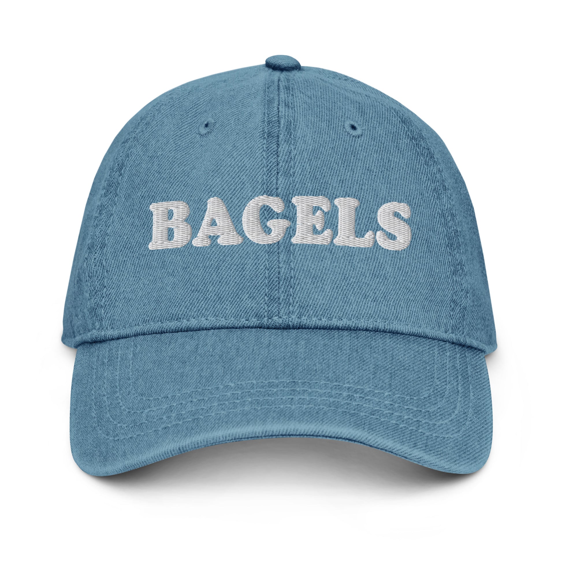 Blue Bagels Dad Hat - Bagel enthusiast? Our Bagels Hat is comfortable, adjustable and made just for you! It's a pigment-dyed denim hat with a "Bagels", expertly embroidered on the front. Made out of 100% cotton and perfect for everyday wear or a gift for a bagel lover.