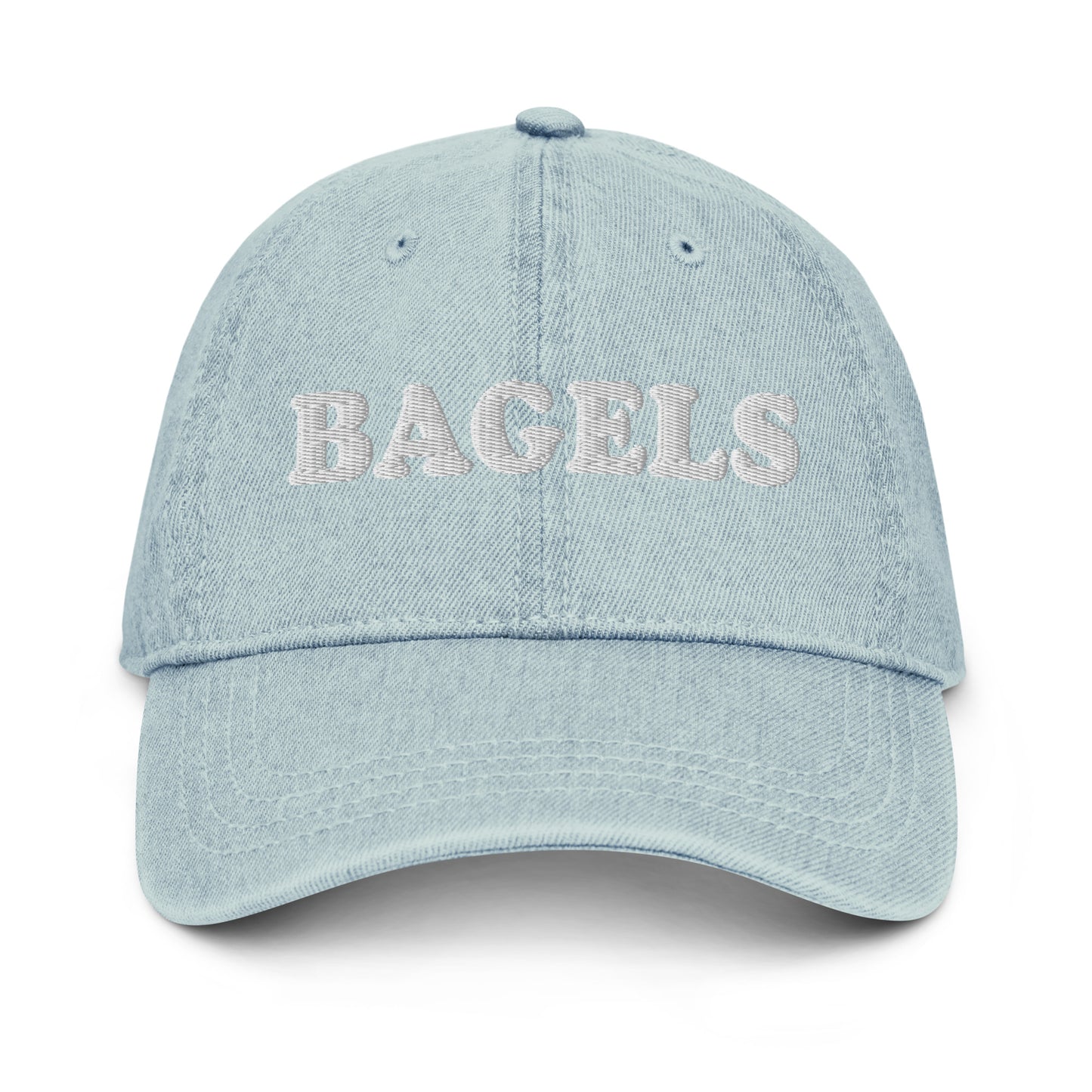 Light Blue Bagels Dad Hat - Bagel enthusiast? Our Bagels Hat is comfortable, adjustable and made just for you! It's a pigment-dyed denim hat with a "Bagels", expertly embroidered on the front. Made out of 100% cotton and perfect for everyday wear or a gift for a bagel lover.