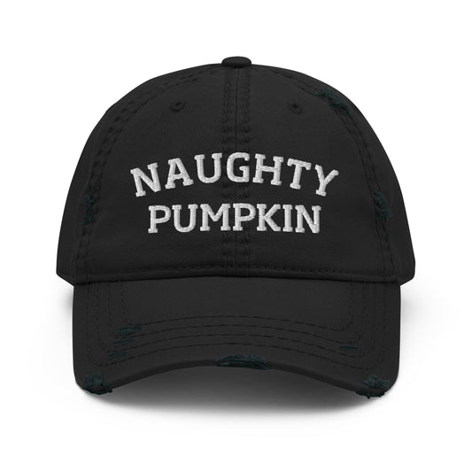 Black naughty pumpkin dad hat from Nina's Funky Shop by ninanush - The distressed naughty pumpkin dad hat! Embroidered with "naughty pumpkin" across the front, it's a funny pumpkin hat that's made just for you. This weird hat makes the perfect gift for pumpkin enthusiasts. Add a little personality to your everyday outfits in our funny foodie clothing and accessories.